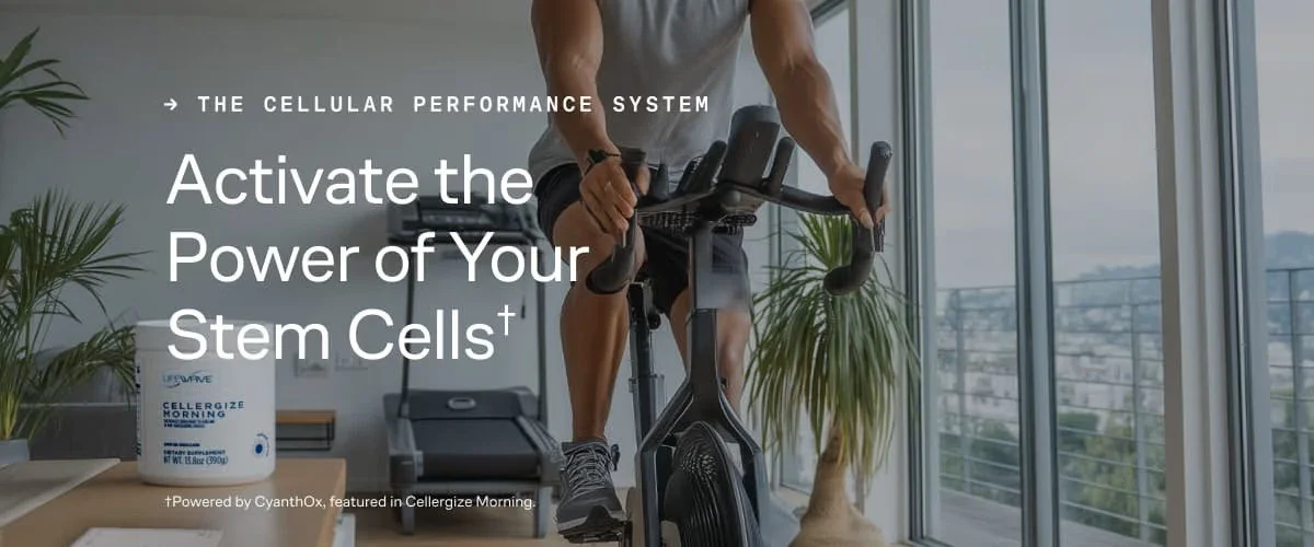 Man on an exercise cycle with Celergize Morning formula on the table. Text says The cellular performance system on the top. Middle text says Activate the Power of Your Stem Cells.