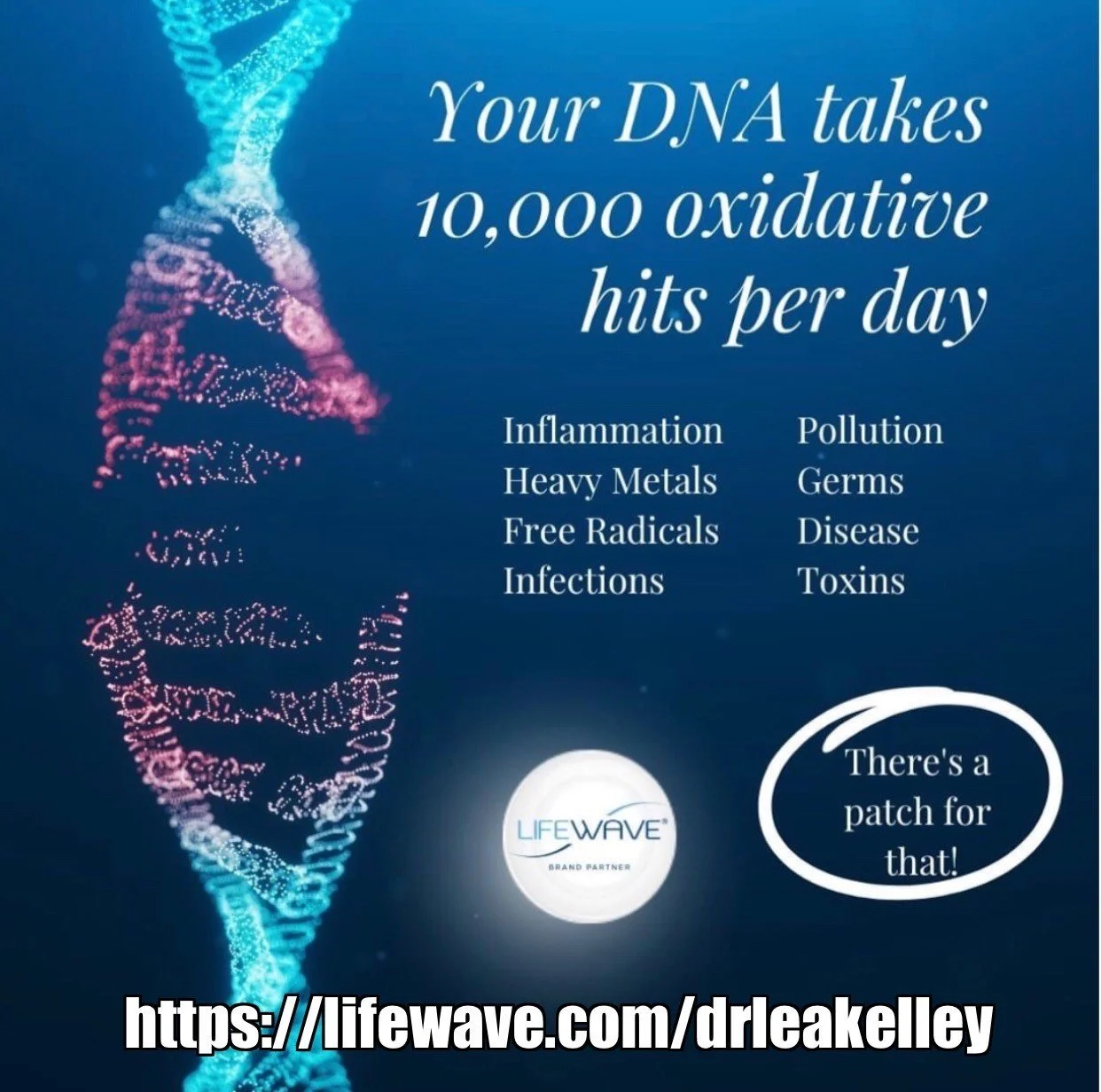 Image of DNA on the left and wording on the left that says: Your DNA takes 10,000 oxidative hits per day. Inflammation, heavy metals, free radicals, infections, toxins.  Lifewave logo on the bottom. www.lifewave.com/drleakelley on the bottom.