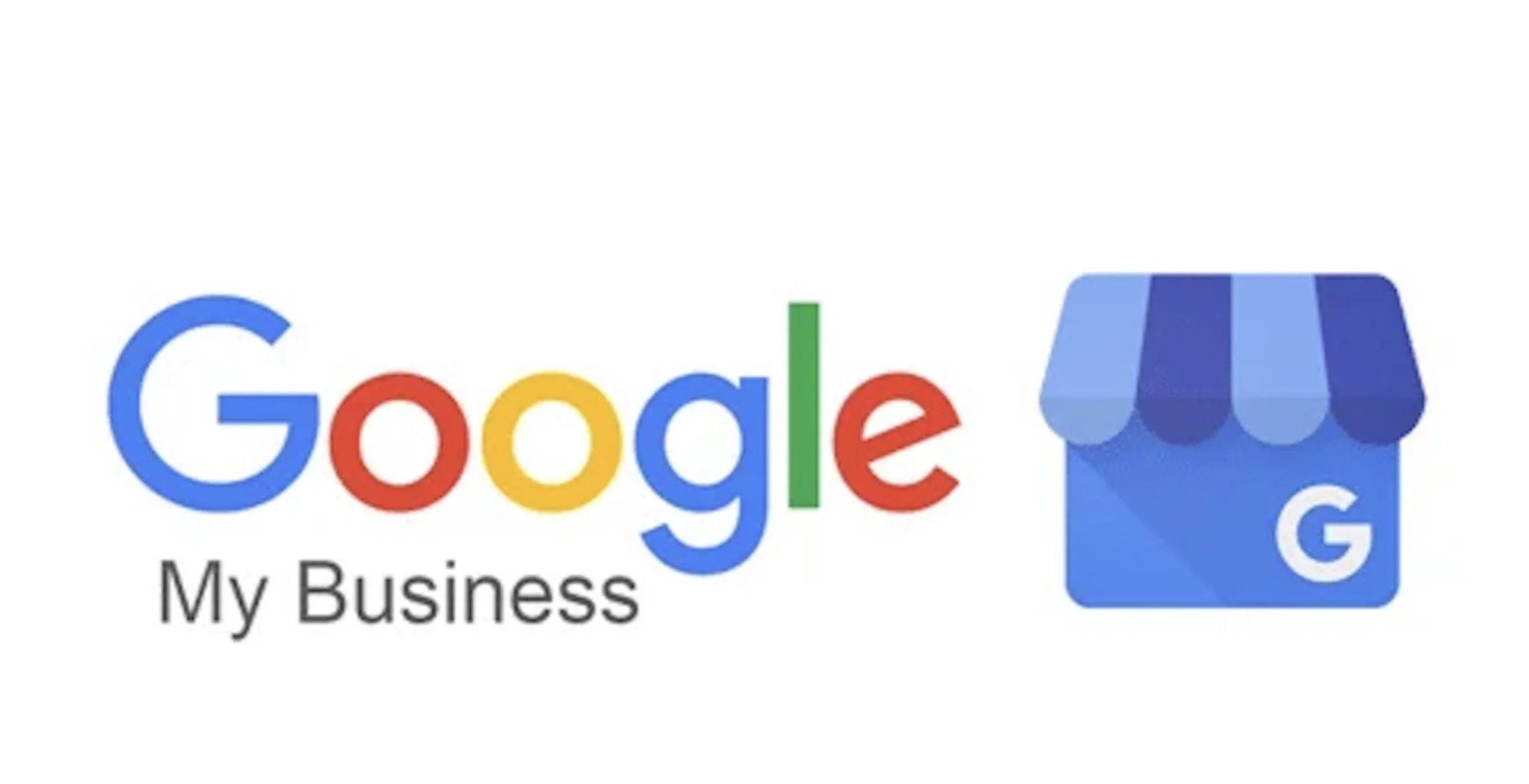 Google My Business logo with colorful text and a blue storefront icon.