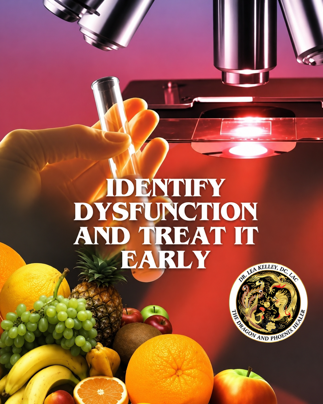 A scientist's hand holding a test tube in front of a microscope with a red light, colorful fruits including pineapples, oranges, grapes, bananas, apples, and a grapefruit in the foreground, and the text 'Identify Dysfunction and Treat It Early.'