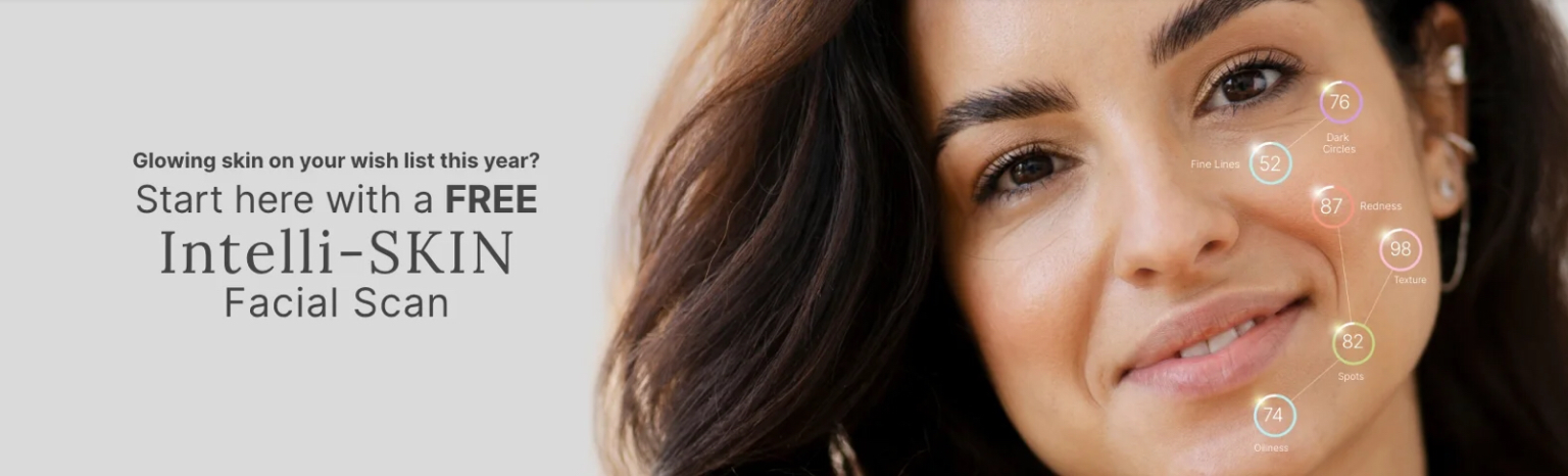 Neora Intelli-SKIN AI Facial Scan analyzing fine lines, dark circles, redness, texture, spots and oiliness.