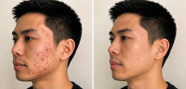 Before and after microneedling treatment showing significant improvement in acne scars, acne, and skin texture by Dr. Lea Kelley in Manhattan Beach, CA