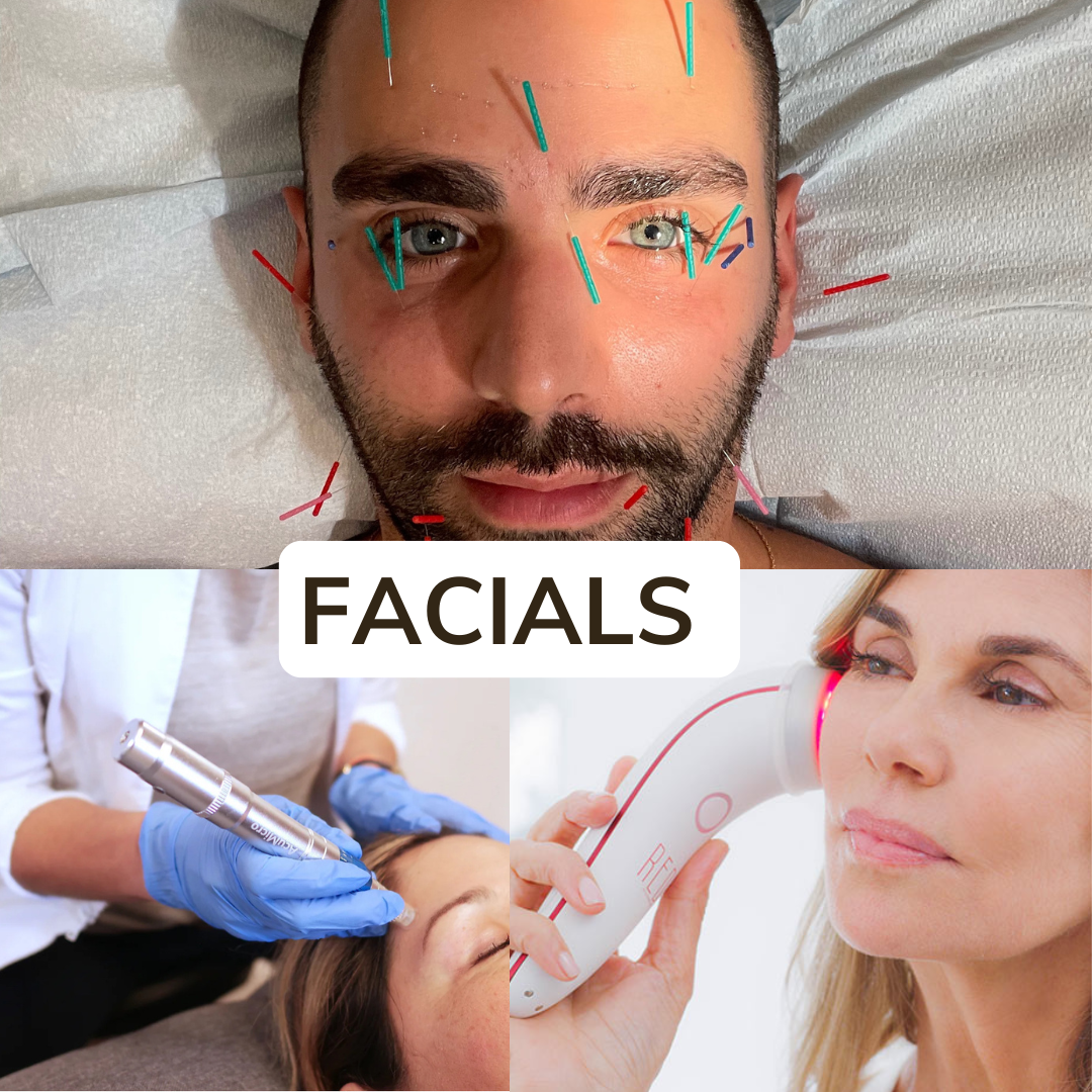 Top image: man with cosmetic acupuncture needles in his face.