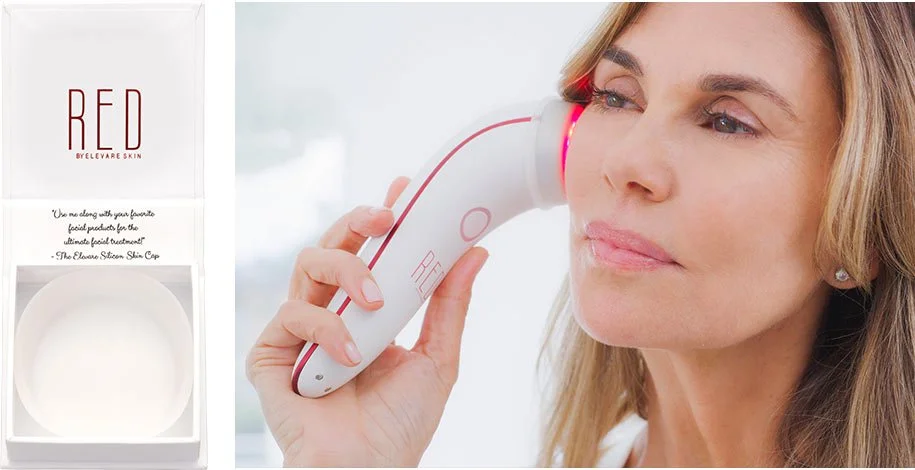 Patient receiving an Advanced Skin Rejuvenation Facial using Elevare red light which also has low-level laser technology to support healthier-looking skin.