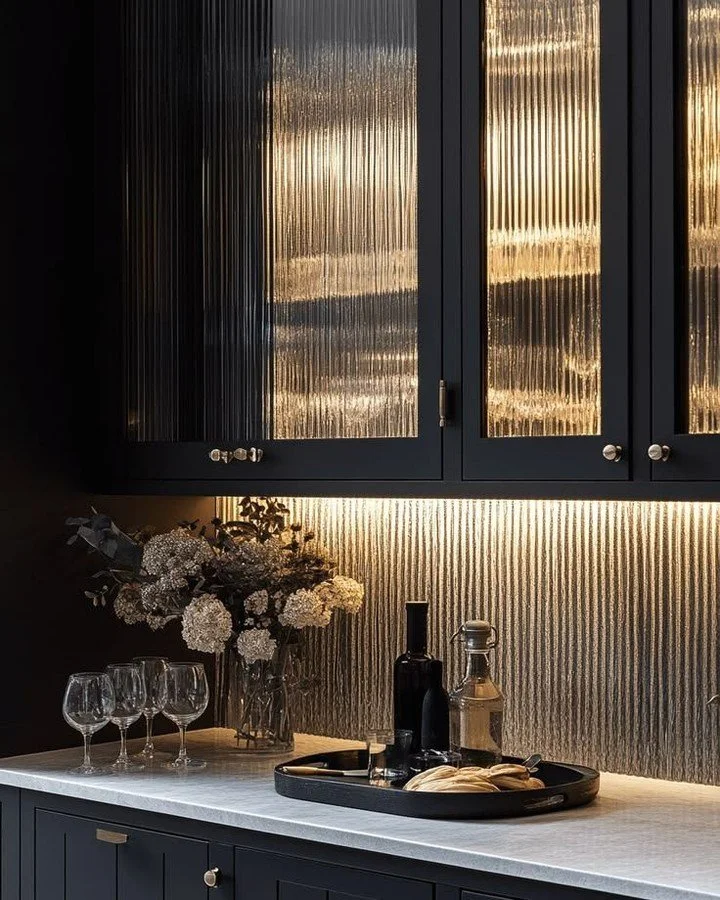 Fluted glass is both a current trend and a timeless element... and here's why I love it for our clients.

Yes, the texture is gorgeous. But the real magic? It softly blurs what's behind it, so your everyday clutter visually "disappears" wit