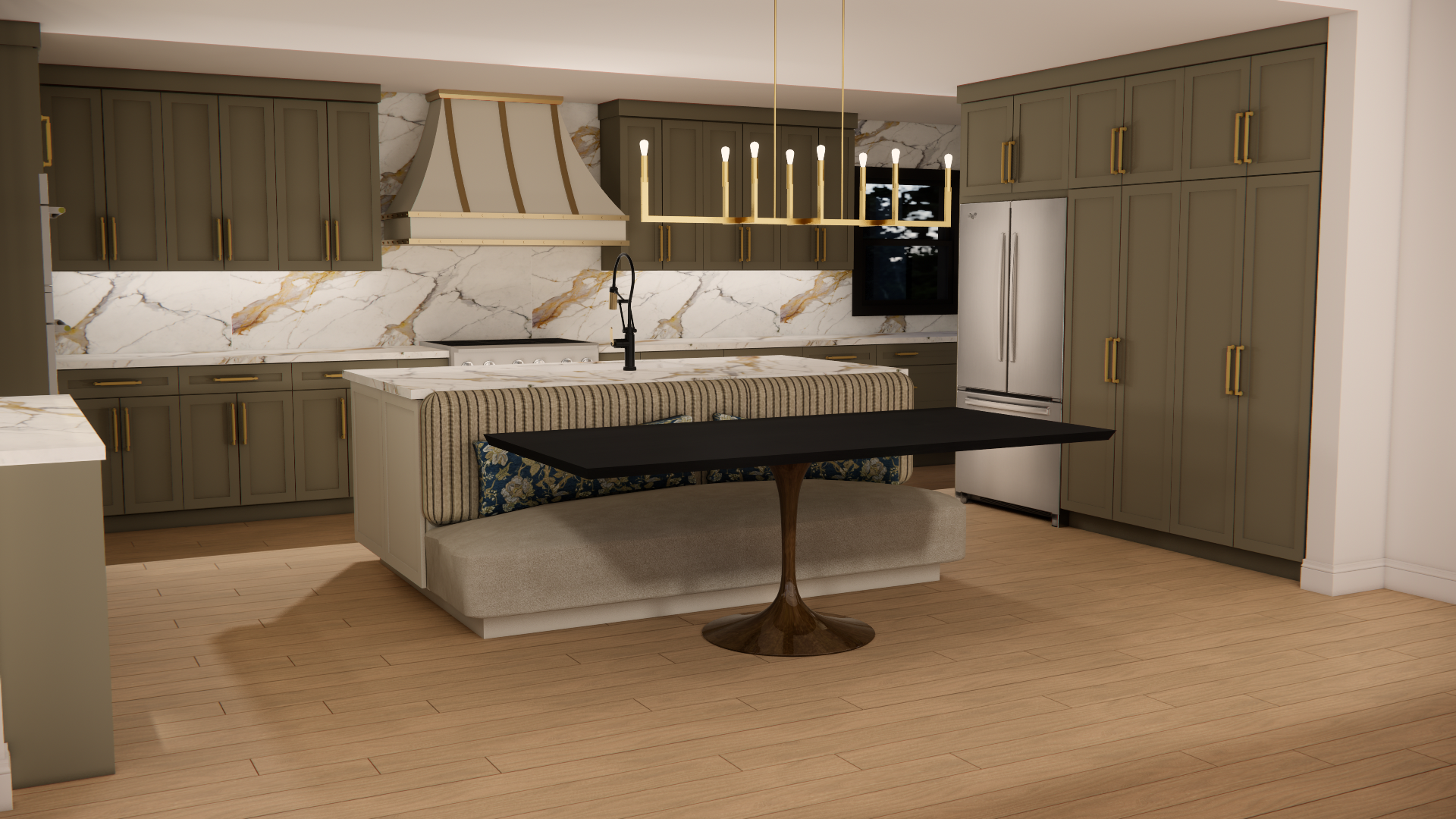 Luxury kitchen rendering for a Louisiana dream home with warm taupe cabinetry, marble backsplash, and island banquette seating.