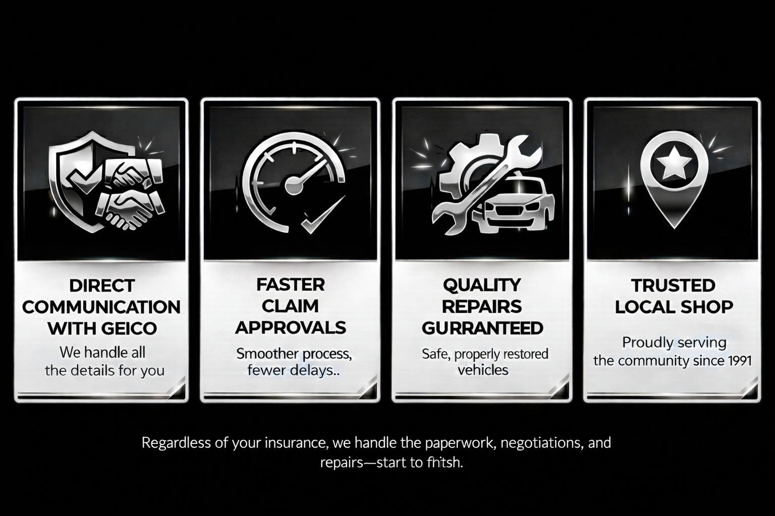 Four signs with icons and text promoting GEICO auto repair services. The signs highlight direct communication, faster claim approvals, quality repairs, and trusted local shops, with a message about overall car repair process.