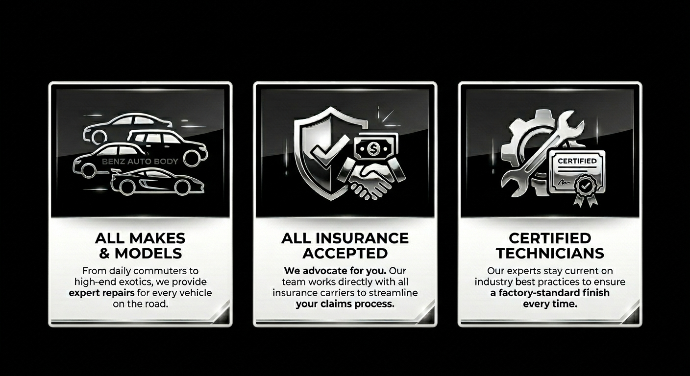 Information about a car service: all makes and models, all insurance accepted, certified technicians.