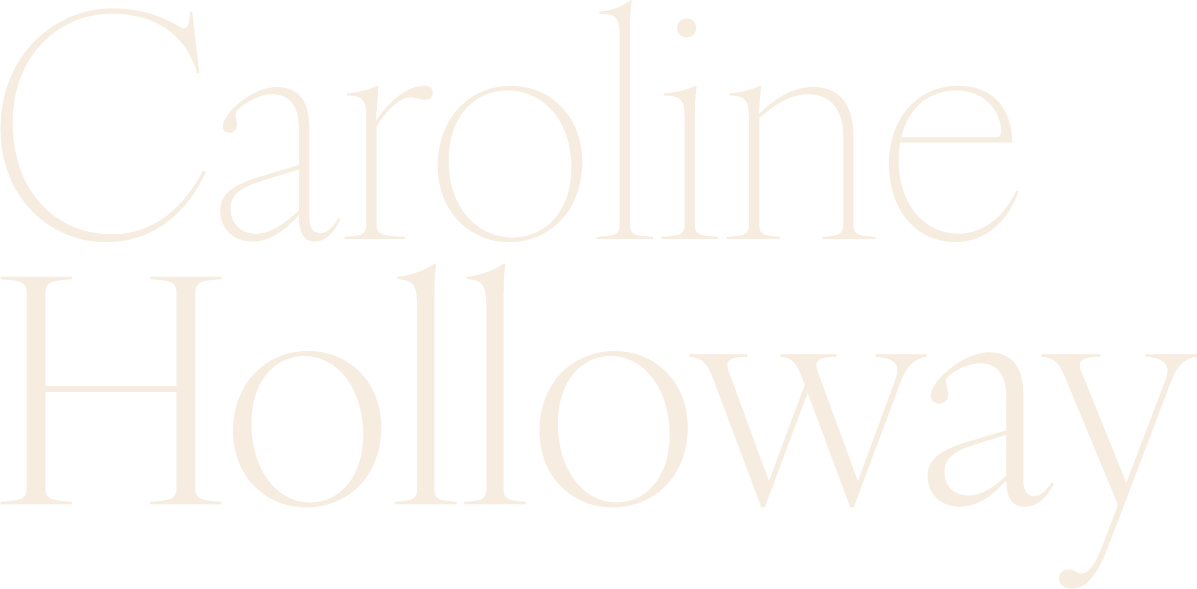 Text reads 'Caroline Holloway' in large, elegant font on a black background.