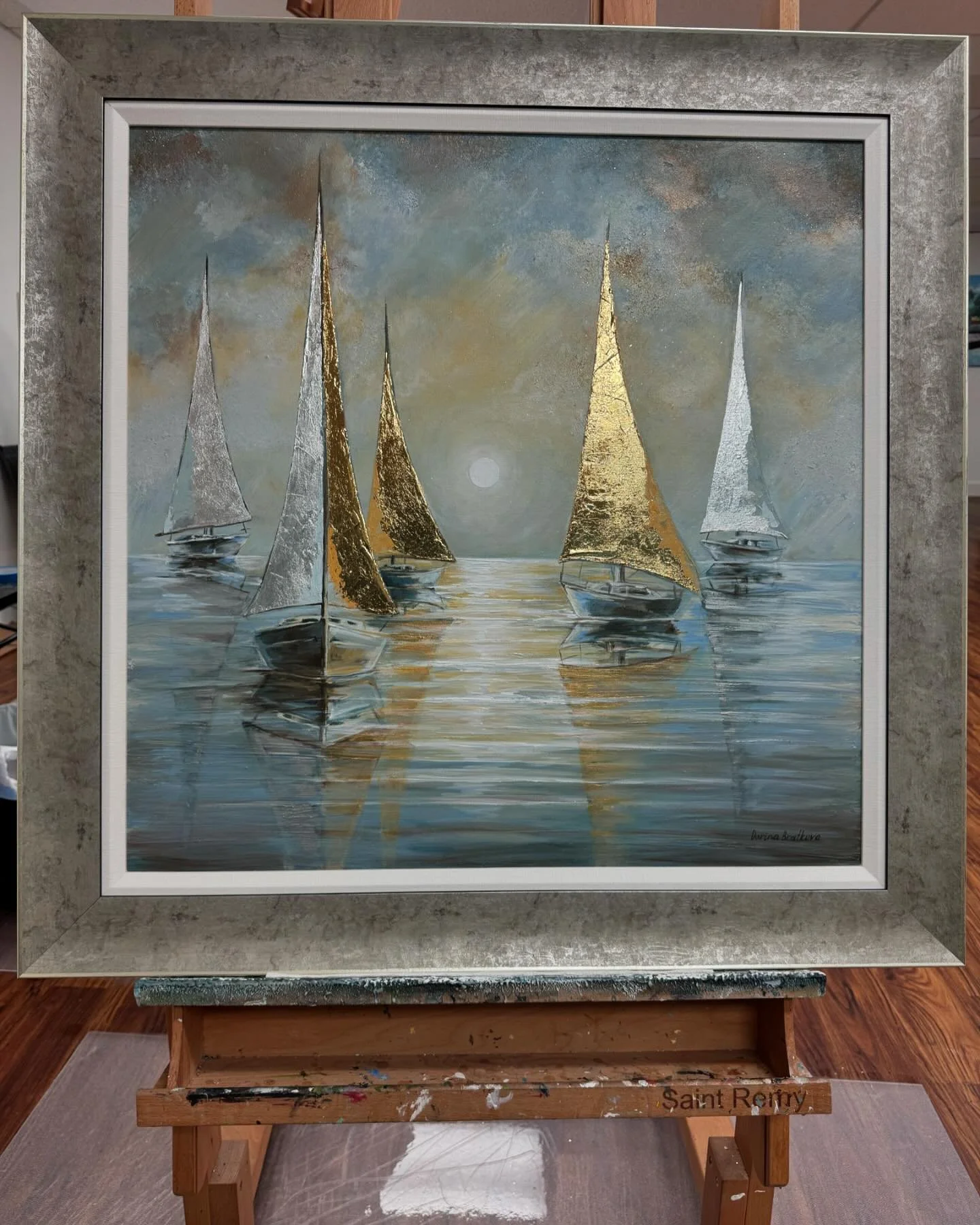 Whispers of the Horizon 30x30 #painting #art #goldleaf #sailor #boats #floridaartist