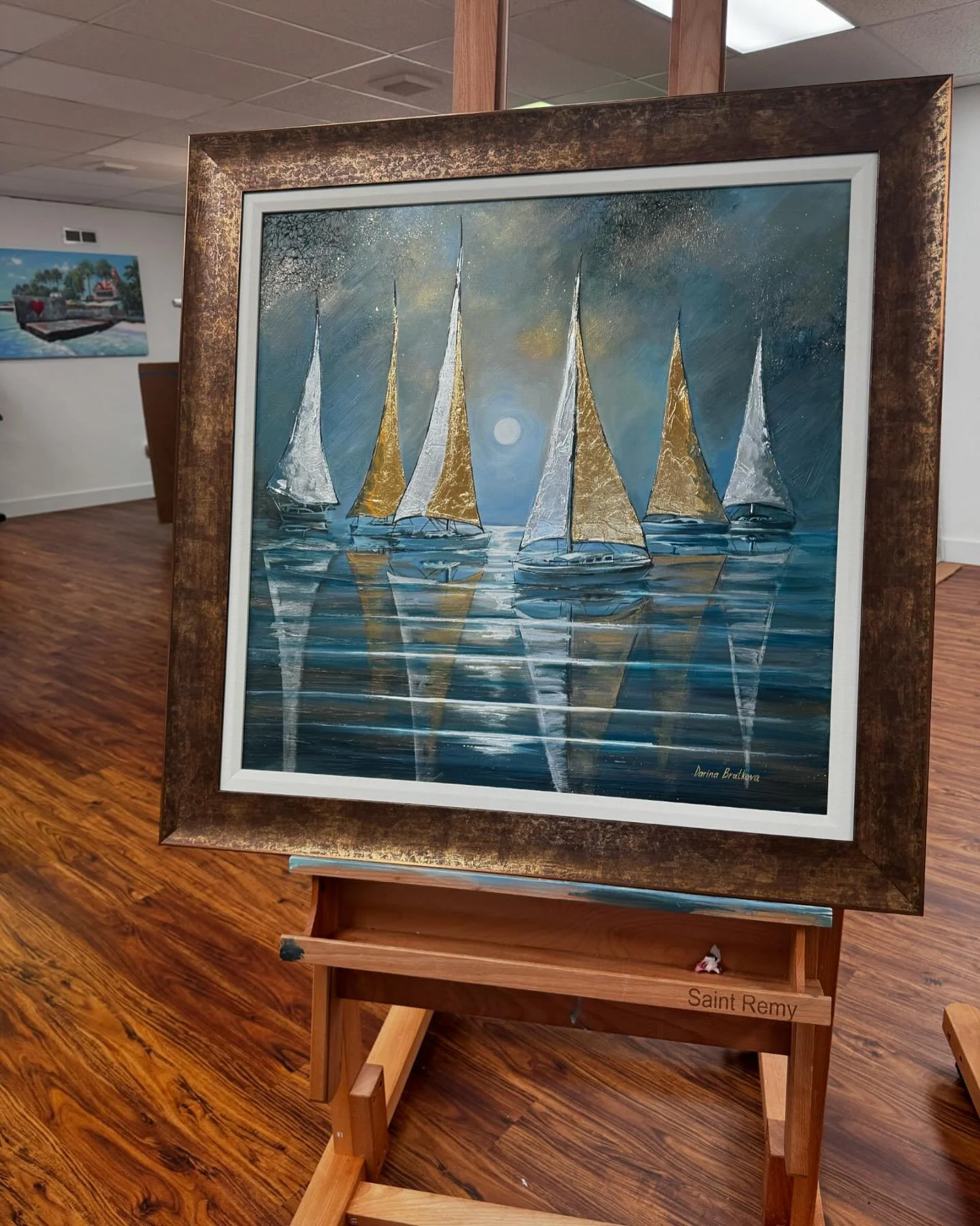 Moonlit Voyage 30x30 #bocaratonflorida #artistflorida #artonduval #sailboats #goldleaf