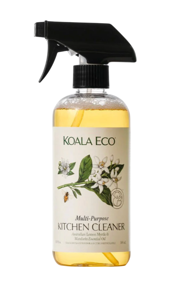 A spray bottle of Koala Eco multi-purpose kitchen cleaner with Australian lemon myrtle and mandarin essential oil.