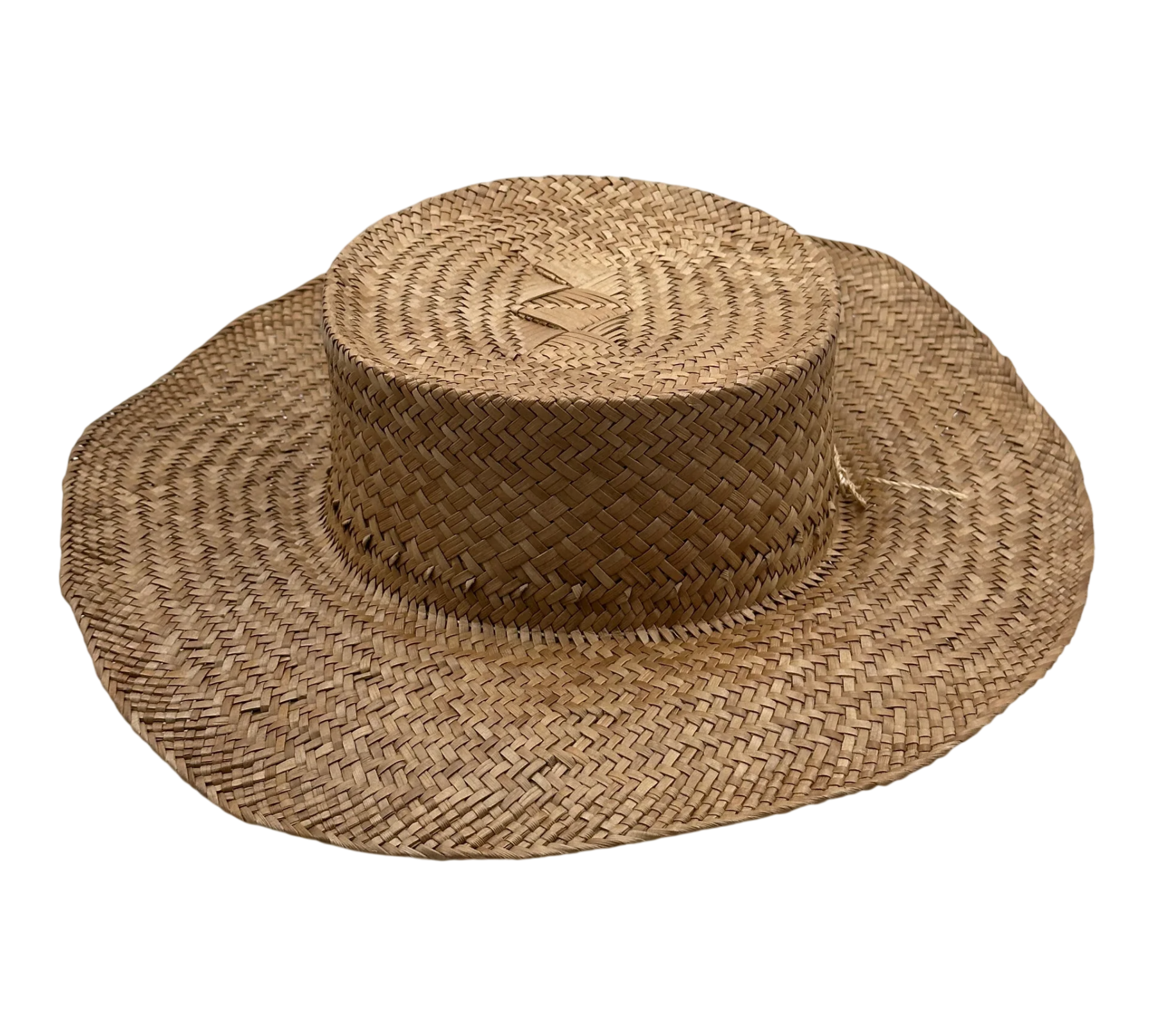 A wide-brimmed straw hat with a woven pattern, featuring a smaller crown section with a decorative design.