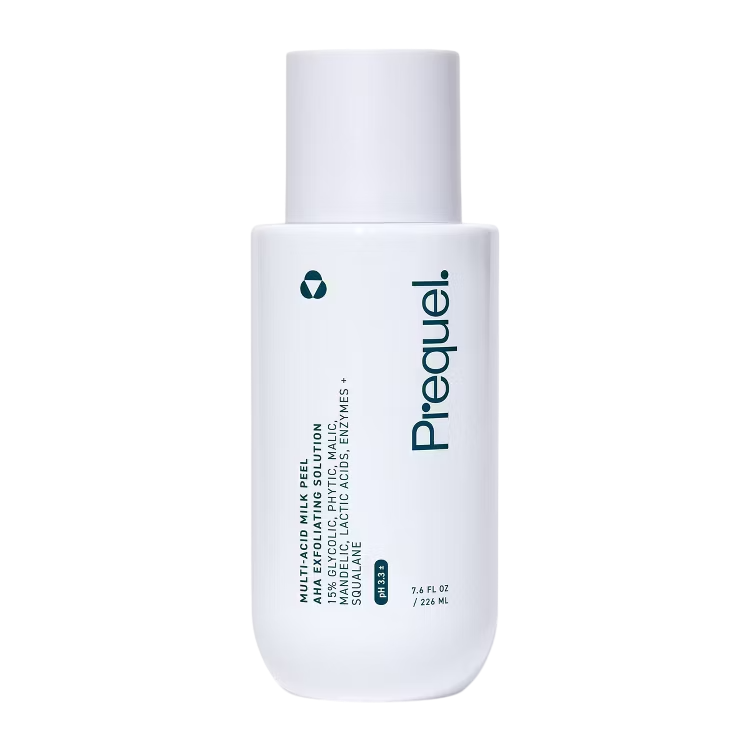 A white bottle of skincare product with a pump dispenser labeled 'PIEQUEL' containing multi-acid milk peel with exfoliating acids, glycolic, gluconolactone, and lactic acids, 7.6 fl oz (226 ml).