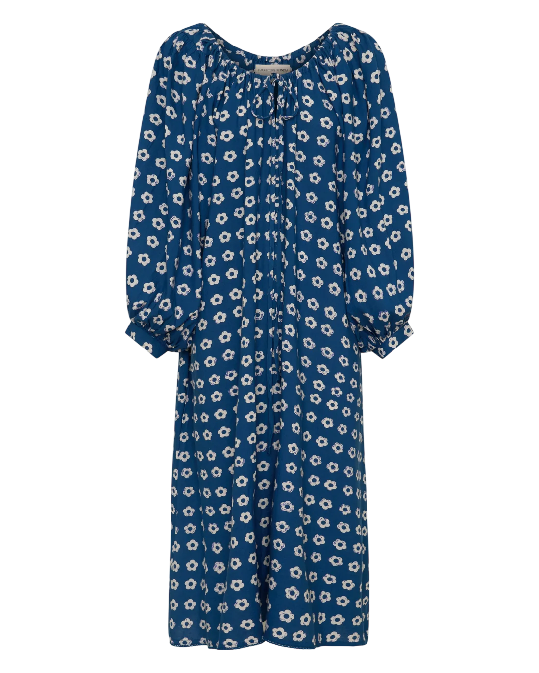 Blue dress with white floral pattern, long puffed sleeves, and a gathered neckline.