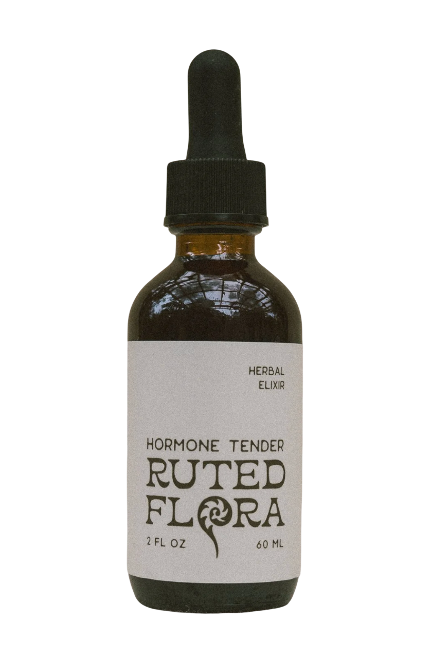 A dark brown glass dropper bottle labeled "Herbal Elixir Hormone Tender Ruted Flora, 2 fl oz, 60 ml" with a black dropper cap.