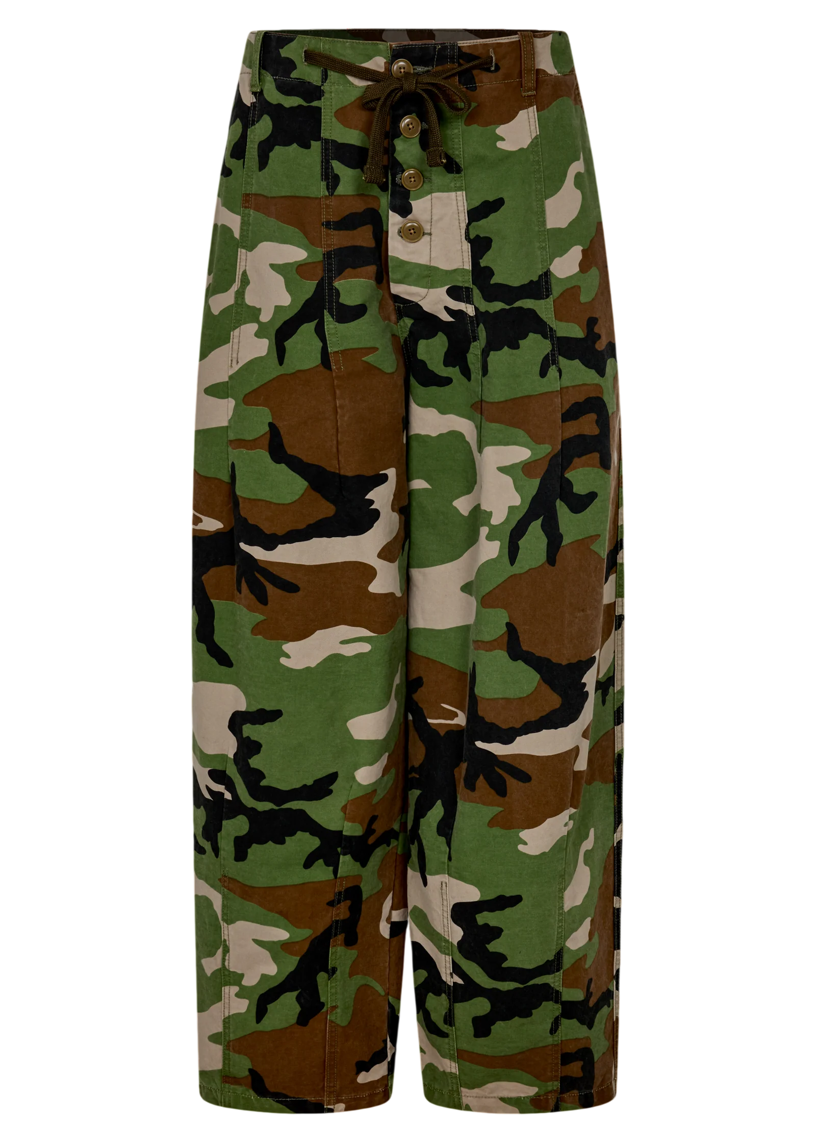 Camouflage shorts with green, brown, black, and beige patches, featuring a drawstring waistband and button closure.