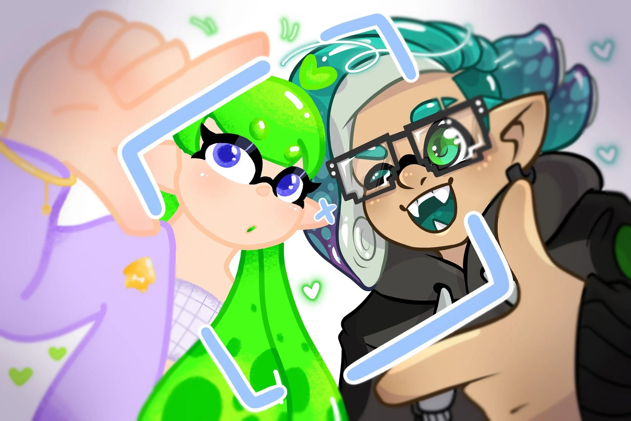 Collab with @_sage.sketches_ !! We did a 1 base 2 artists piece of our splatsonas and I ADOREE how it came out :D Thankyou again for collaborating with me! 
.
.
#splatoon #splatsona #collab #splatoonart #splatoon2 #splatoon3 #oc #pocketocs #cute