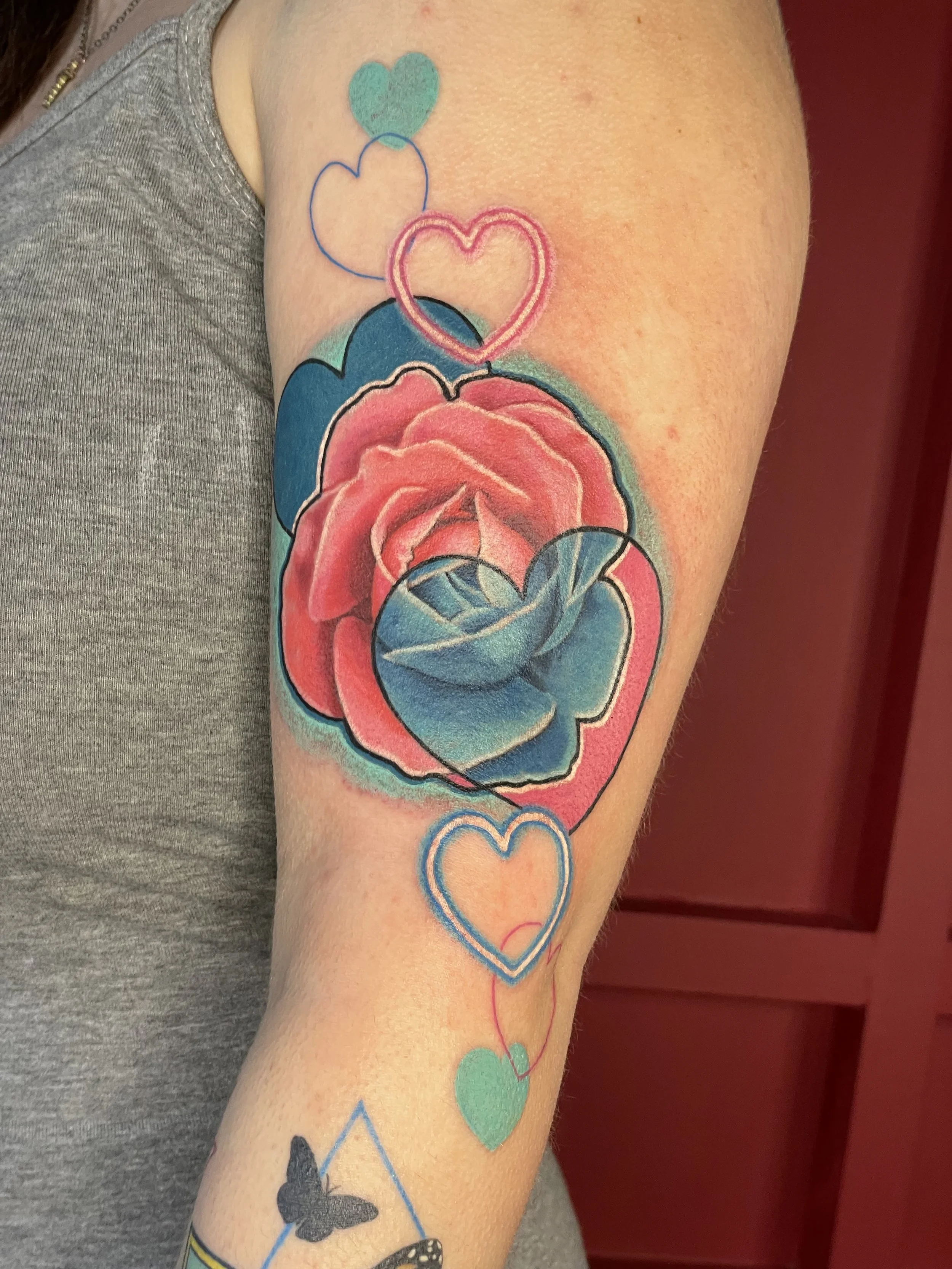 rose with hearts tattoo neon glow hearts