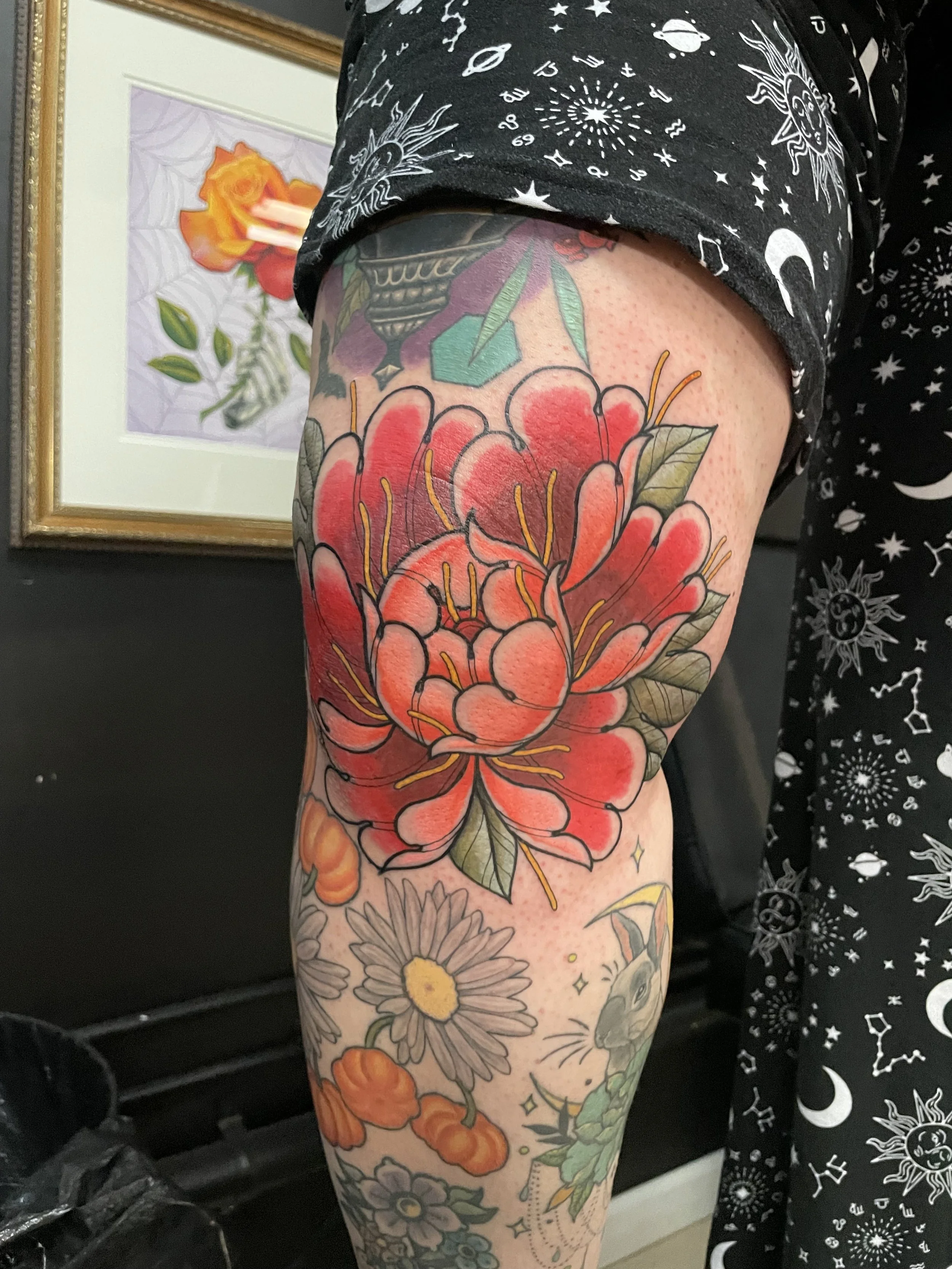 peony knee tattoo
