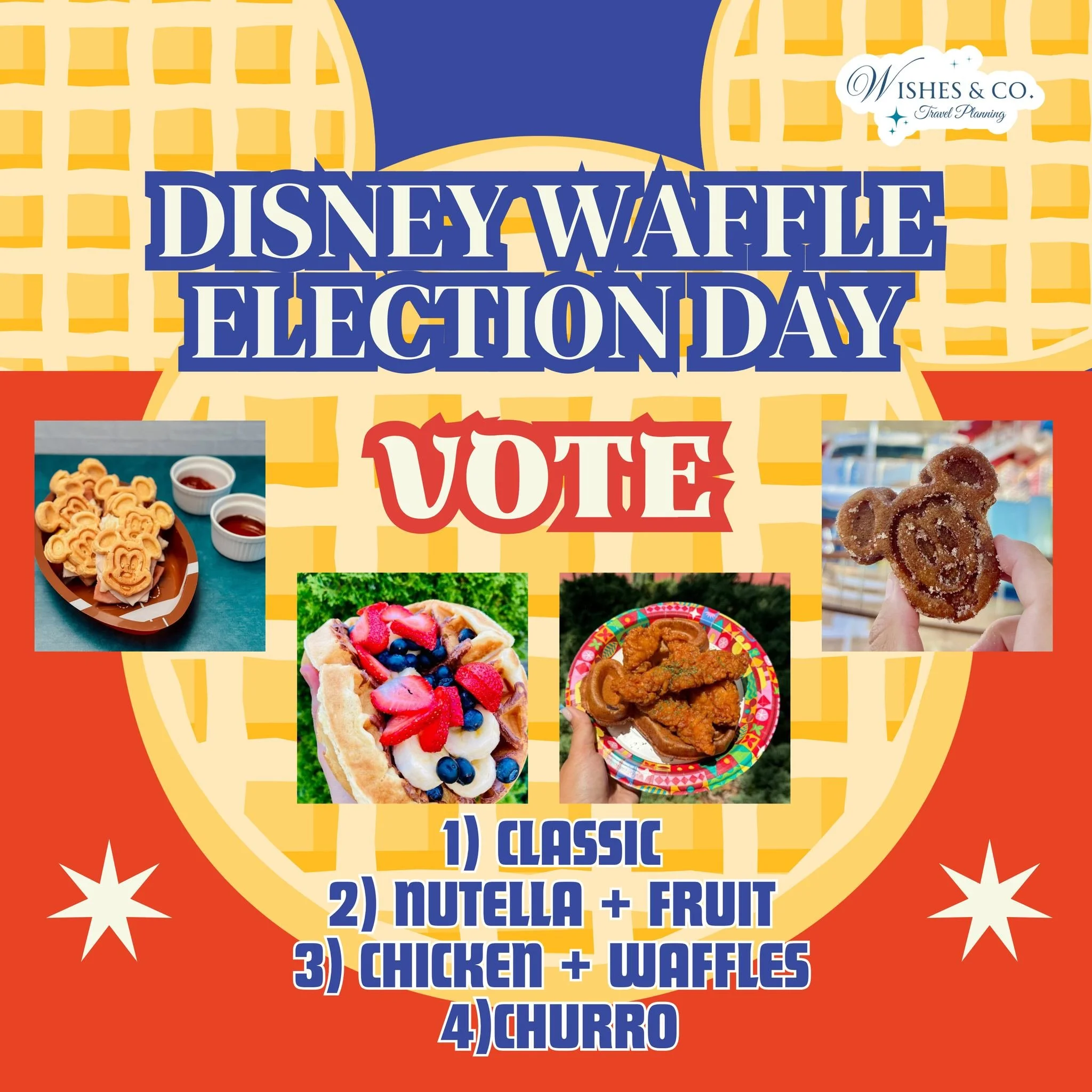It&rsquo;s National Waffle Day, and it is finally time to settle this heated debate! 🧇 

Which Disney waffle is actually the BEST waffle?

1️⃣ Classic Mickey waffle
2️⃣ Mickey churro waffle
3️⃣ Nutella &amp; fruit waffle
4️⃣ Chicken &amp; waffles

D