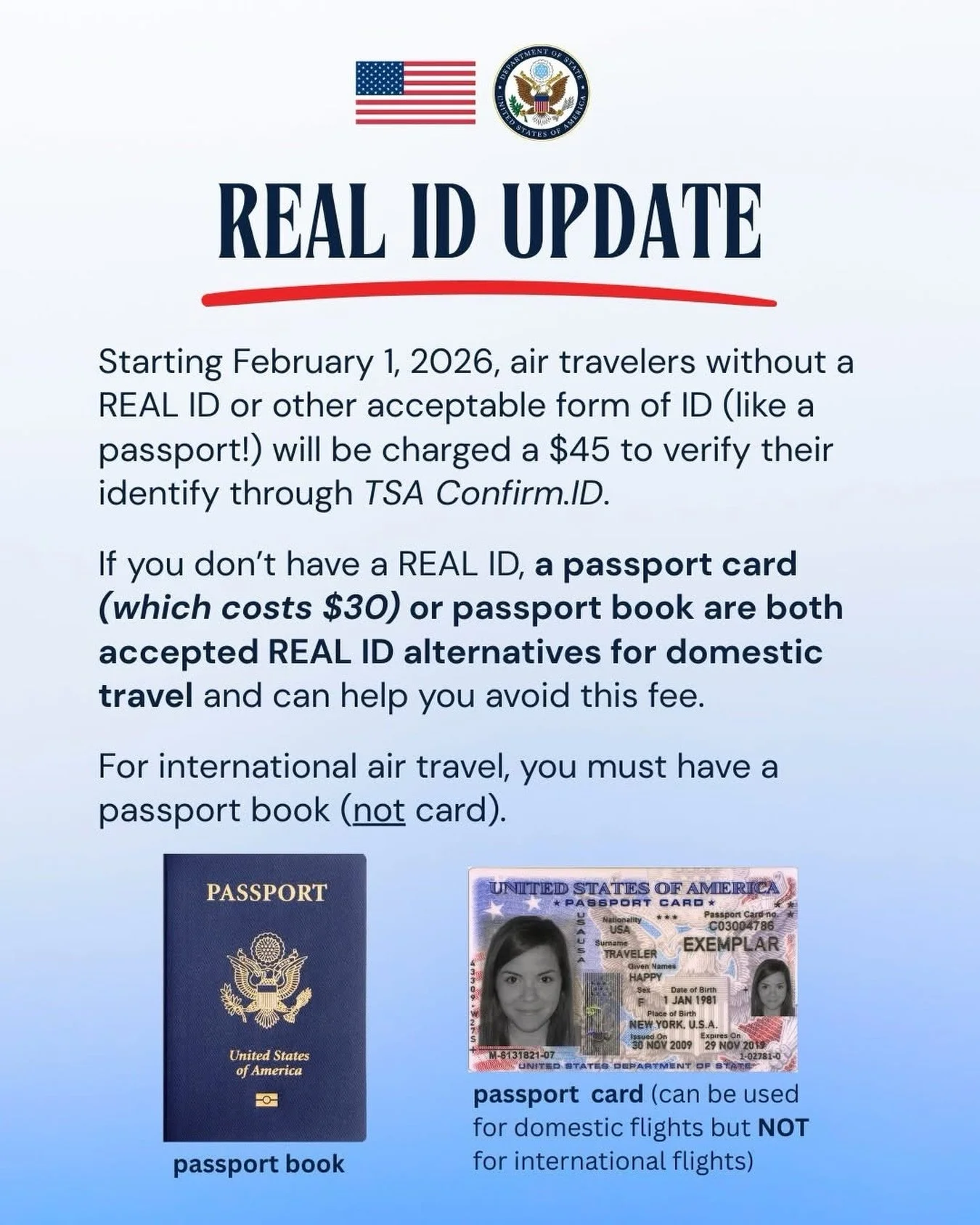 A PSA 2026 Flyers! ✈️

Starting February 1, 2026, if you show up at the airport without a REAL ID or valid alternative, TSA can charge you a $45 fee to verify your identity at security 😬

✅ Good news! A passport book or passport card BOTH count as R