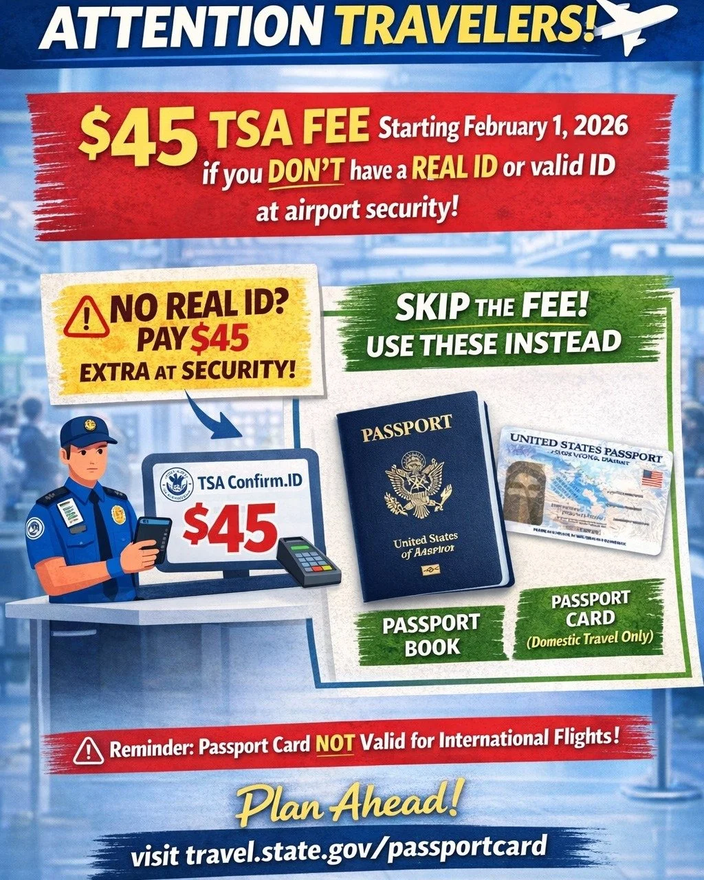 🚨 Travel Tip for 2026 Flyers! ✈️

Starting February 1, 2026, if you show up at the airport without a REAL ID or valid alternative, TSA can charge you a $45 fee to verify your identity at security. 

Good news: A passport book or passport card BOTH c