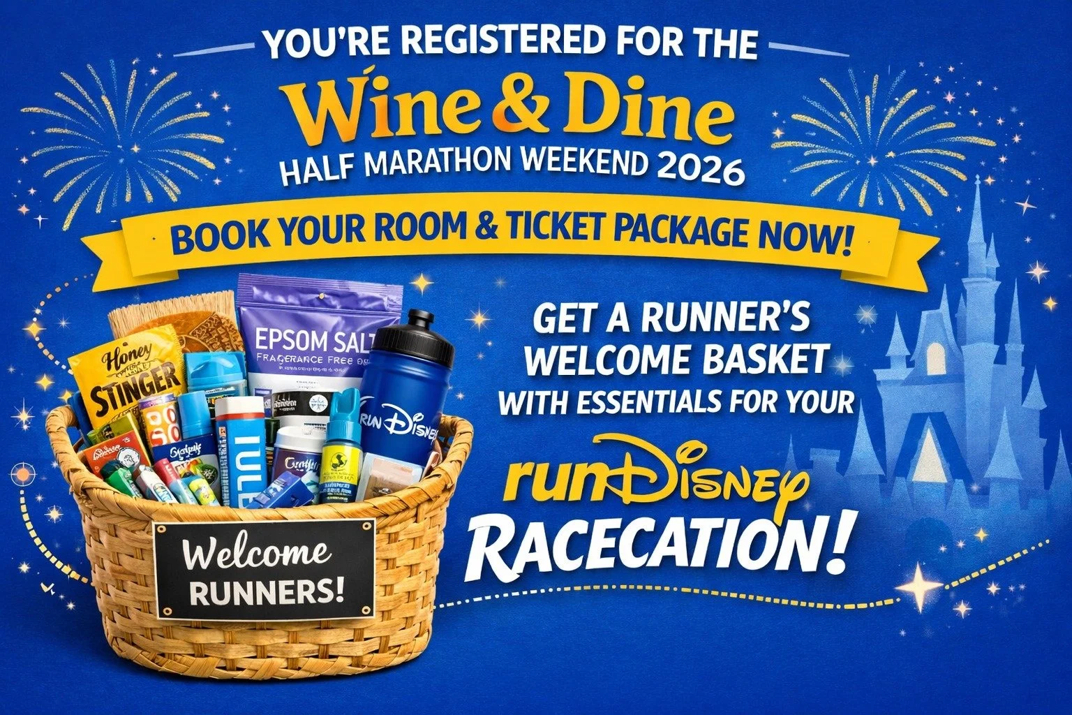 YOU DID THE HARD PART. YOU GOT IN! 🎉🍷🏃&zwj;♀️

Wine &amp; Dine registration ✔️
Now let&rsquo;s turn this into a full blown runDisney RACECATION ✨

When you plan your room &amp; ticket package with me, every runner receives a runner welcome basket.