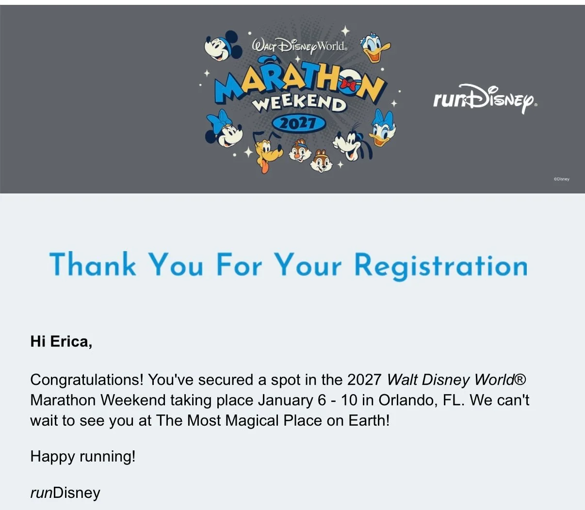 That was brutal. By far the toughest registration I&rsquo;ve done! My husband was able to secure my Dopey bib literally seconds before it sold out after waiting an hour! I&rsquo;m in tears! 😭

Who will I see in January at Marathon Weekend?!

#rundis