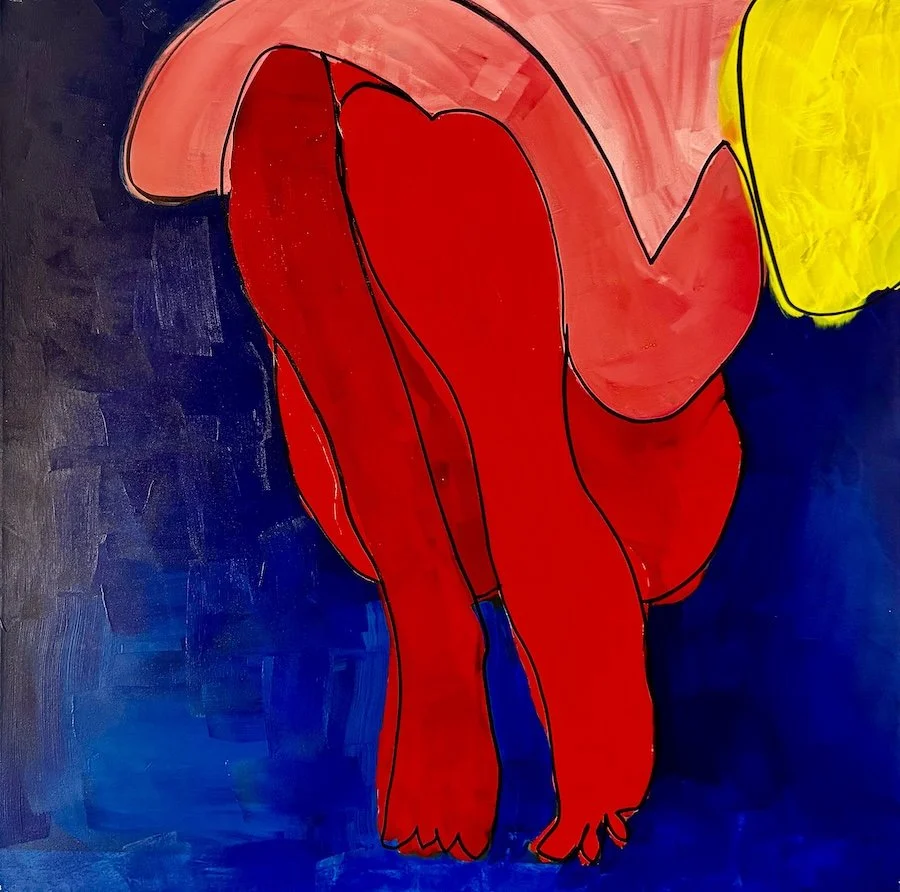 A red figure against blue, outlined in black