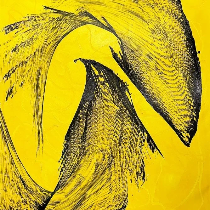 Black thread gesture on a yellow ground
