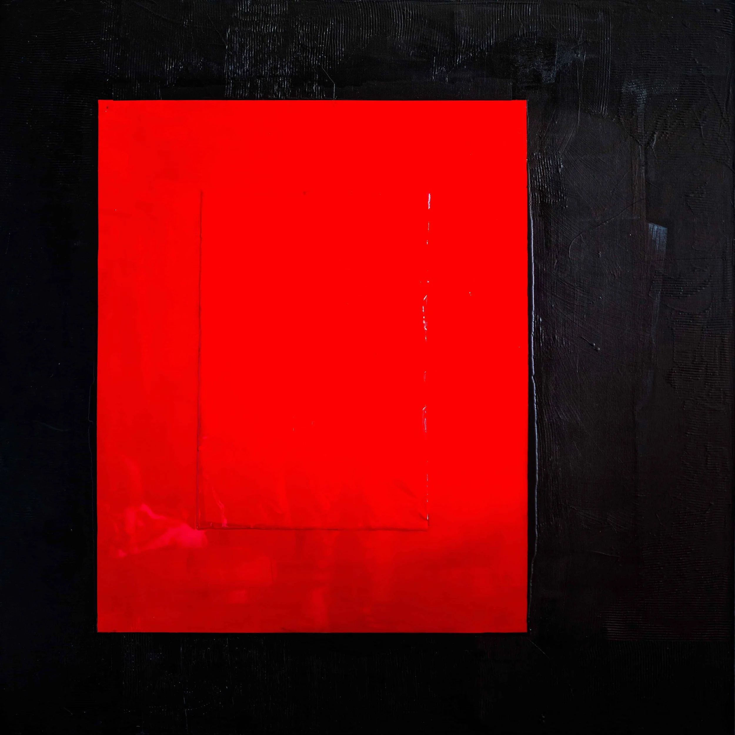Ferrari Core abstract painting by Ritu Raj, 72x72 inch canvas with central Ferrari red square set within a textured black field