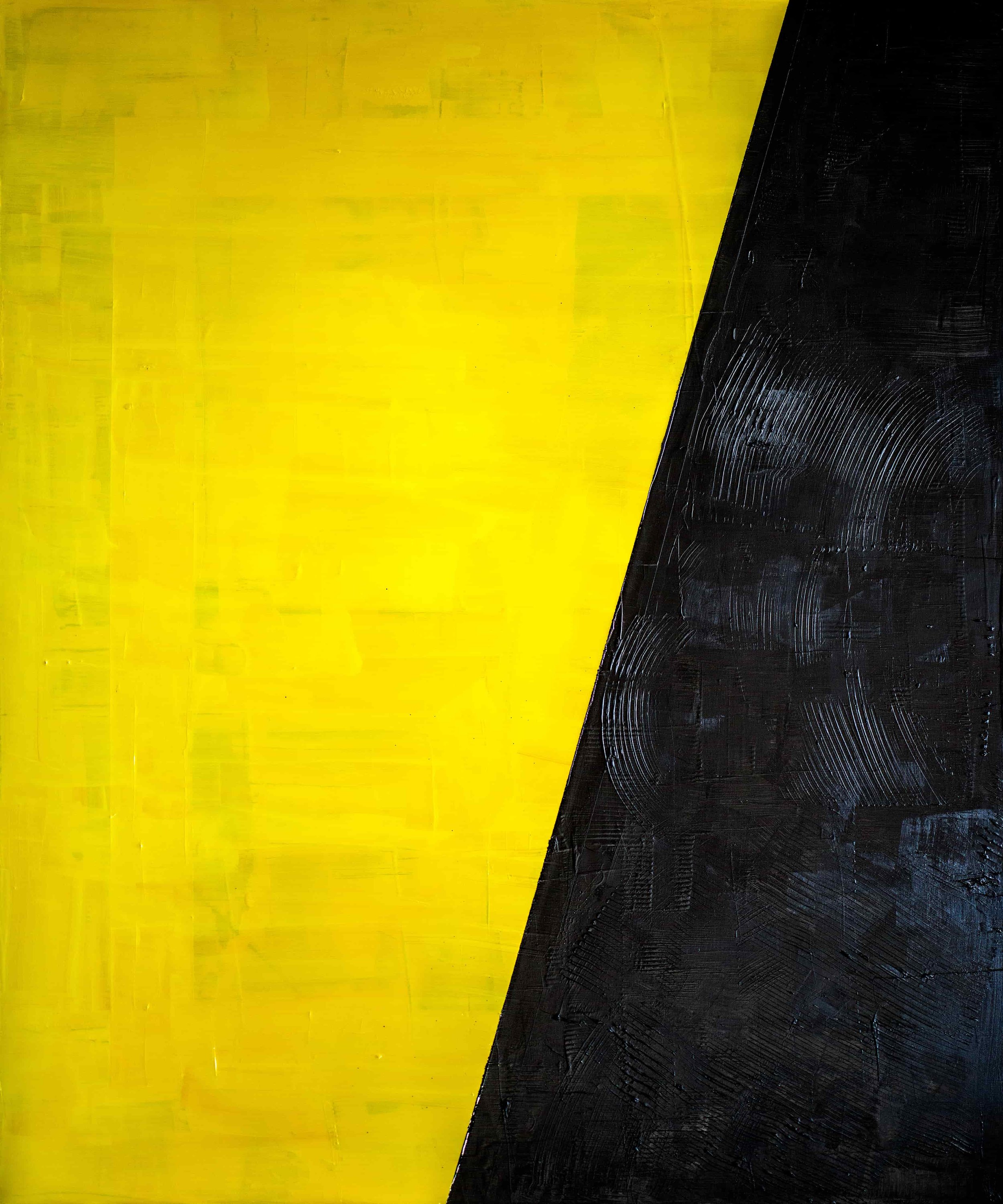 Ferrari Giallo abstract painting by Ritu Raj, 6x5 ft composition with bright yellow field and bold black diagonal geometric form