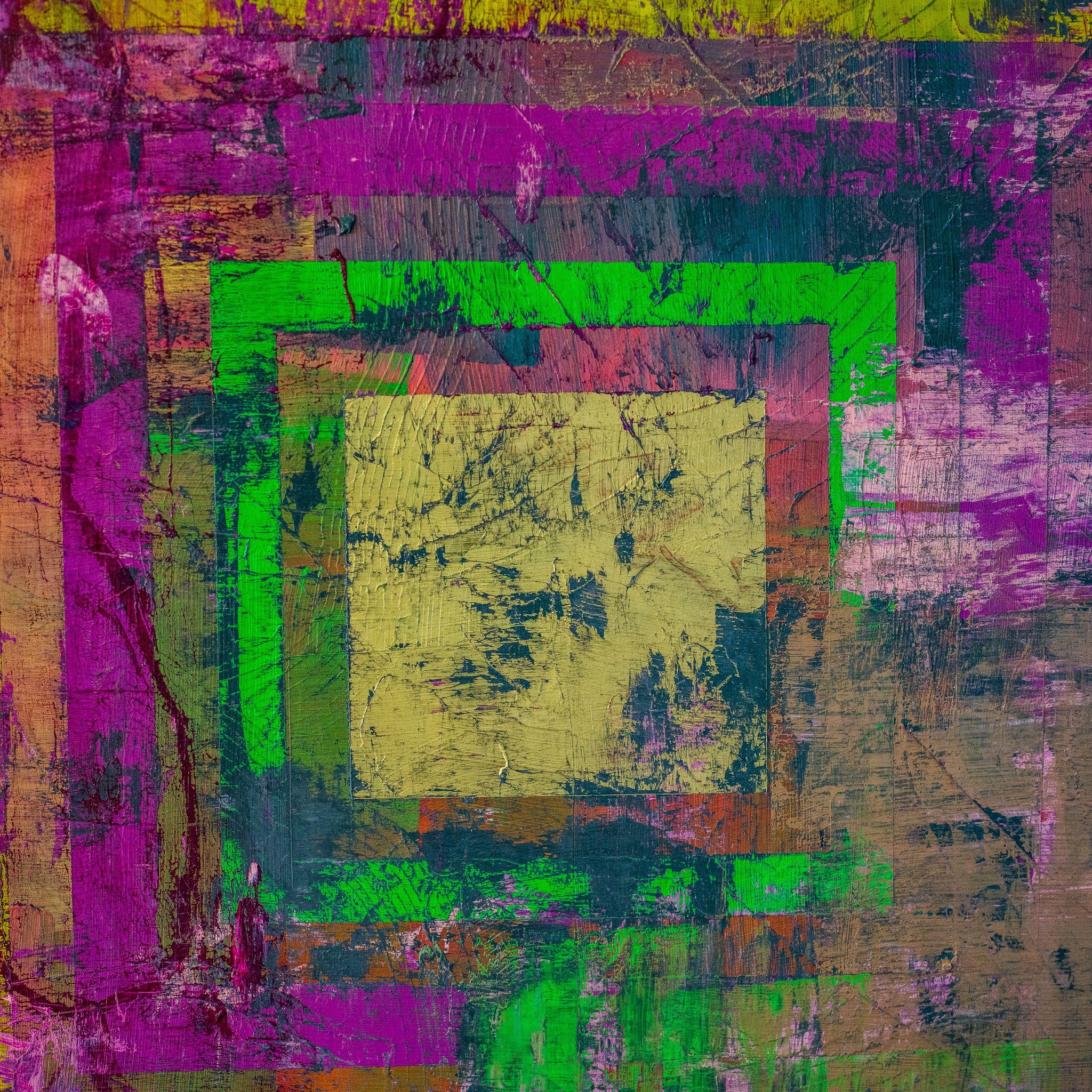   The center is almost a painting within a painting. The yellow-gold surface is cracked and layered, carrying the geological history of its own making — dark passages, ragged edges where the neon green bleeds into what surrounds it, magenta scraped b
