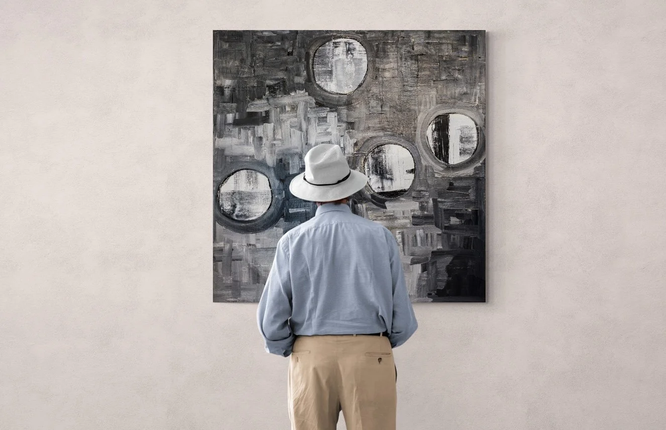 A person in a light blue shirt, beige pants, and a white hat stands facing an abstract black-and-white painting with circular shapes, in an art gallery with plain white walls.