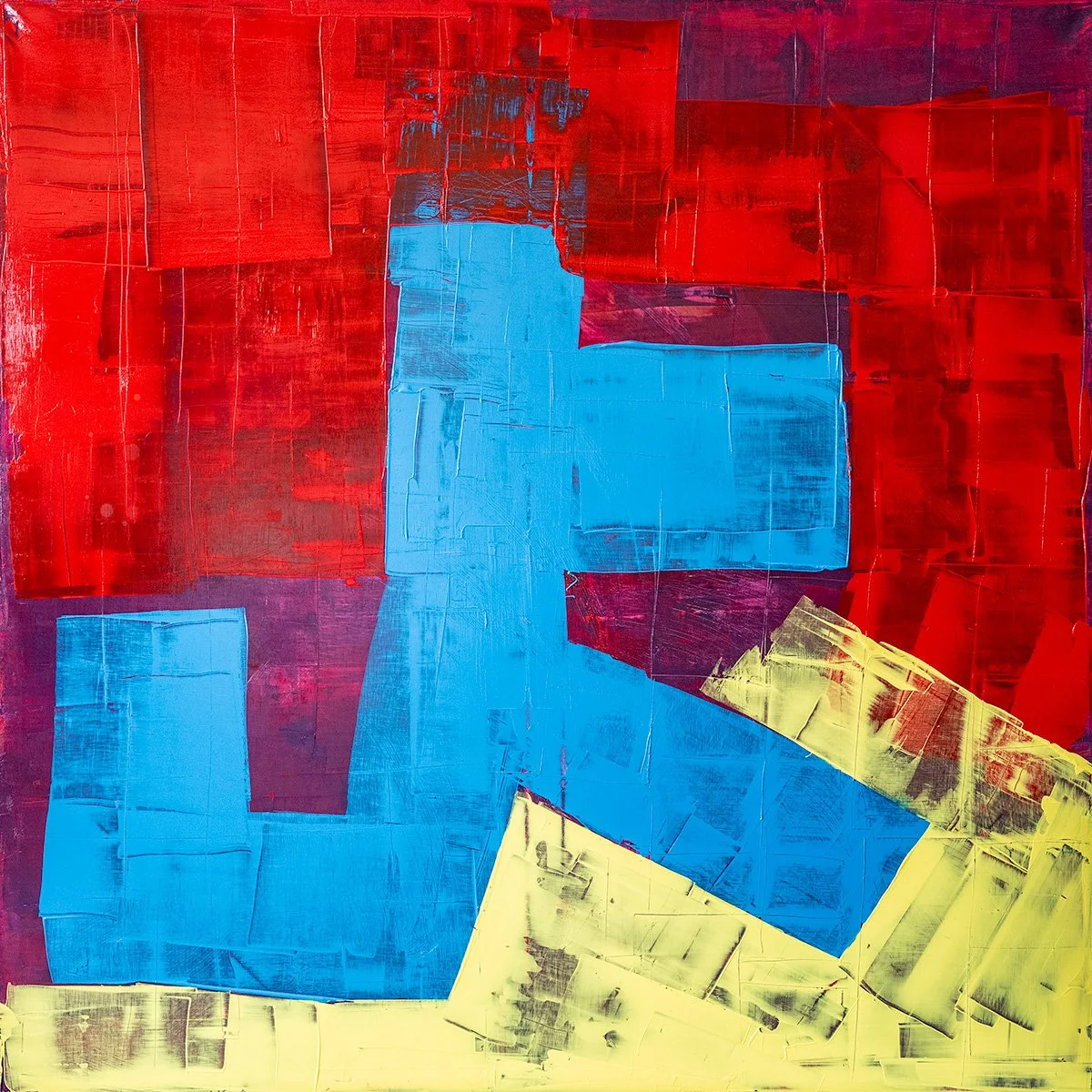 Passage of the Blue by Ritu Raj — cerulean form stepping through a red field with a rising yellow diagonal, acrylic on canvas