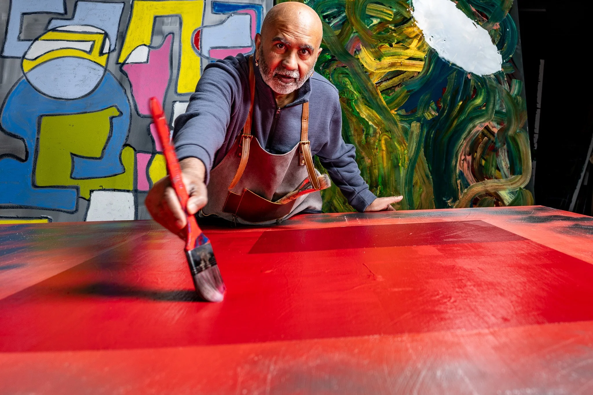 Ritu Raj in Ritu Studio (Artist Studio) working on contemporary abstract paintings