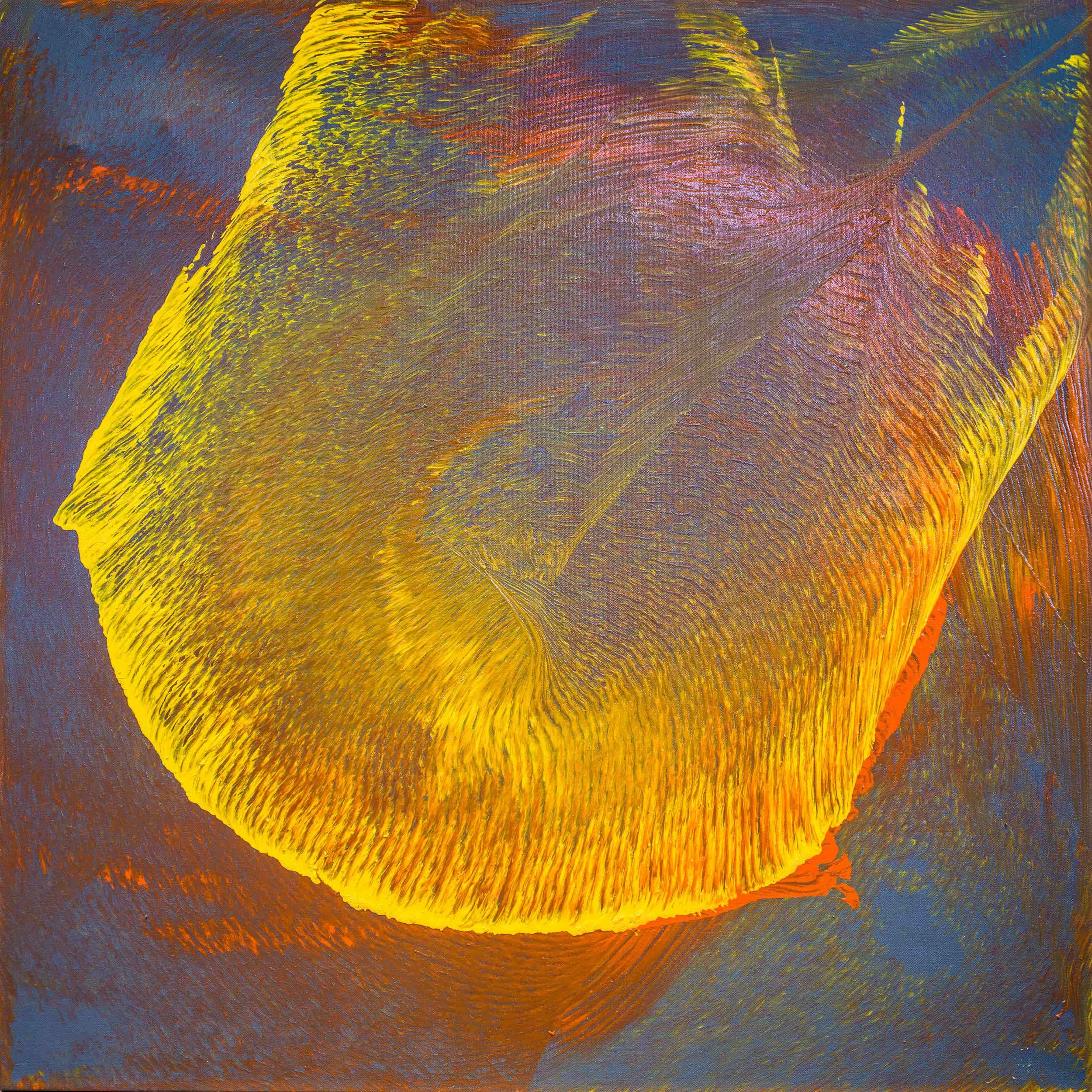 Abstract painting titled Gravity of Attention featuring a luminous yellow form with organic movement against a textured blue and orange background, oil on canvas.