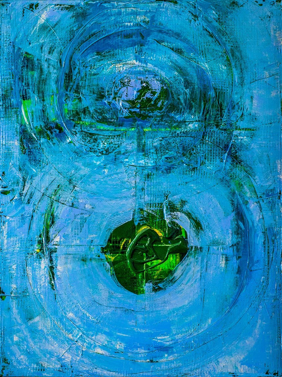 Two Centers by Ritu Raj — acrylic on canvas, 36 × 48 inches, 2026. Two vortex fields in a vertical infinity structure, cool blue-violet dissolving above, electric green generating below. Abstract Inquiry Collection. rituart.com.