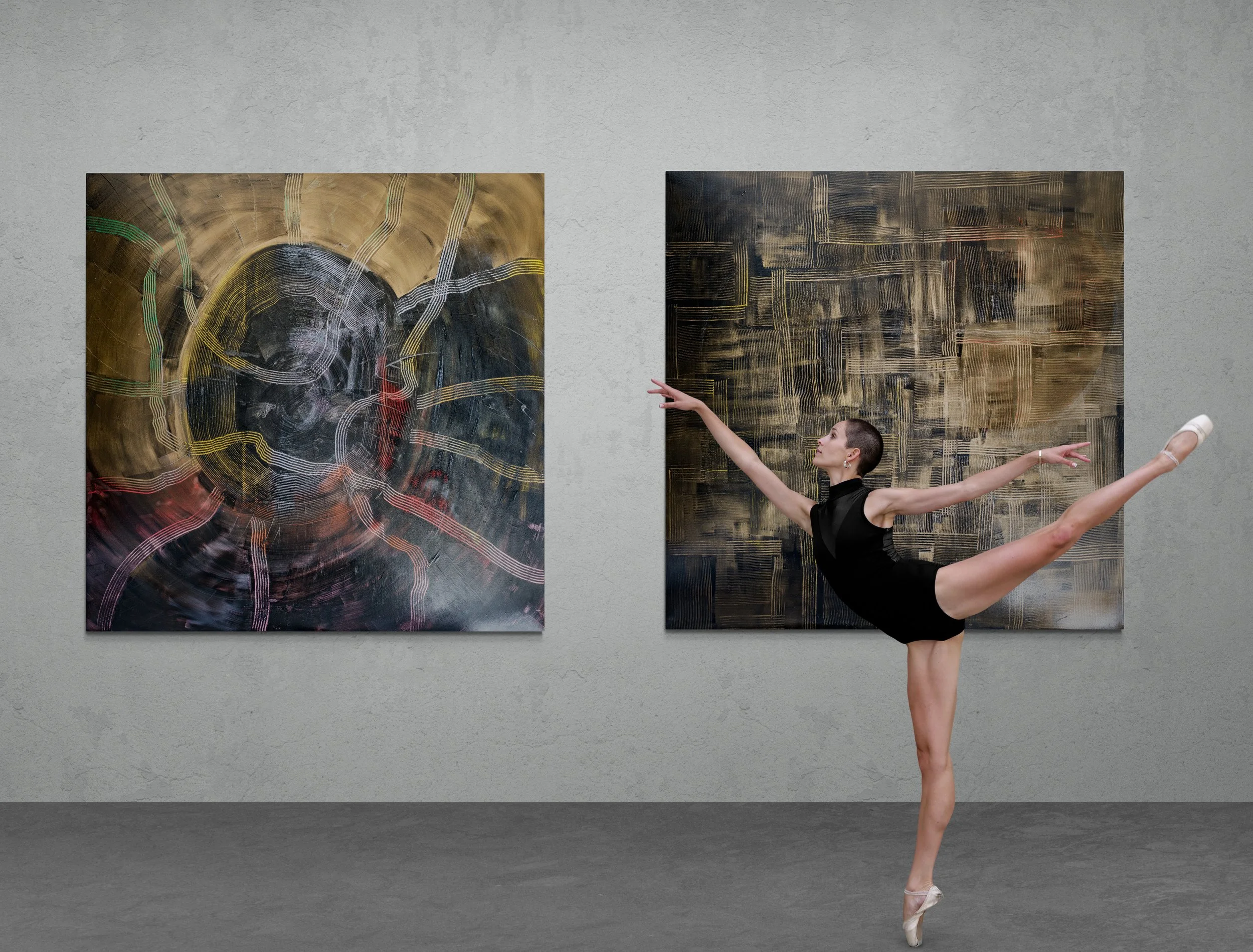 A ballet dancer performing an arabesque in front of two abstract paintings in an art gallery.