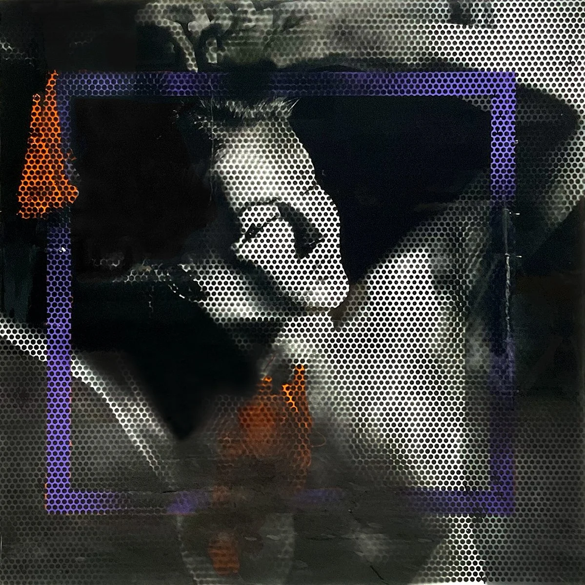 A person dressed as a mime with white face paint and black clothing, behind a perforated surface with a dot pattern, possibly a microwave door, creating a distorted reflection.