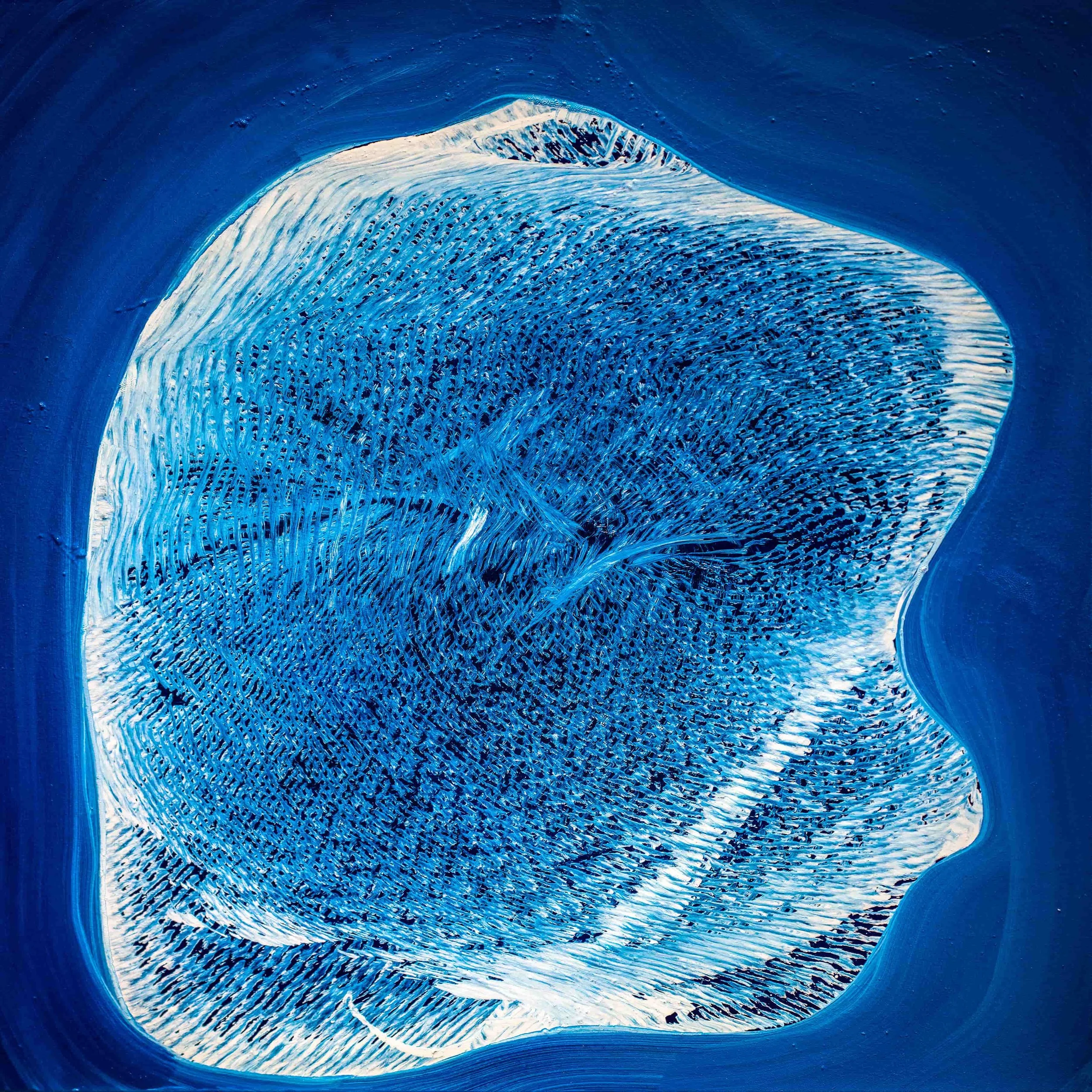 Abstract painting titled Interior Mass featuring a dense blue organic form with textured, layered brushstrokes against a deep blue background, oil on canvas.