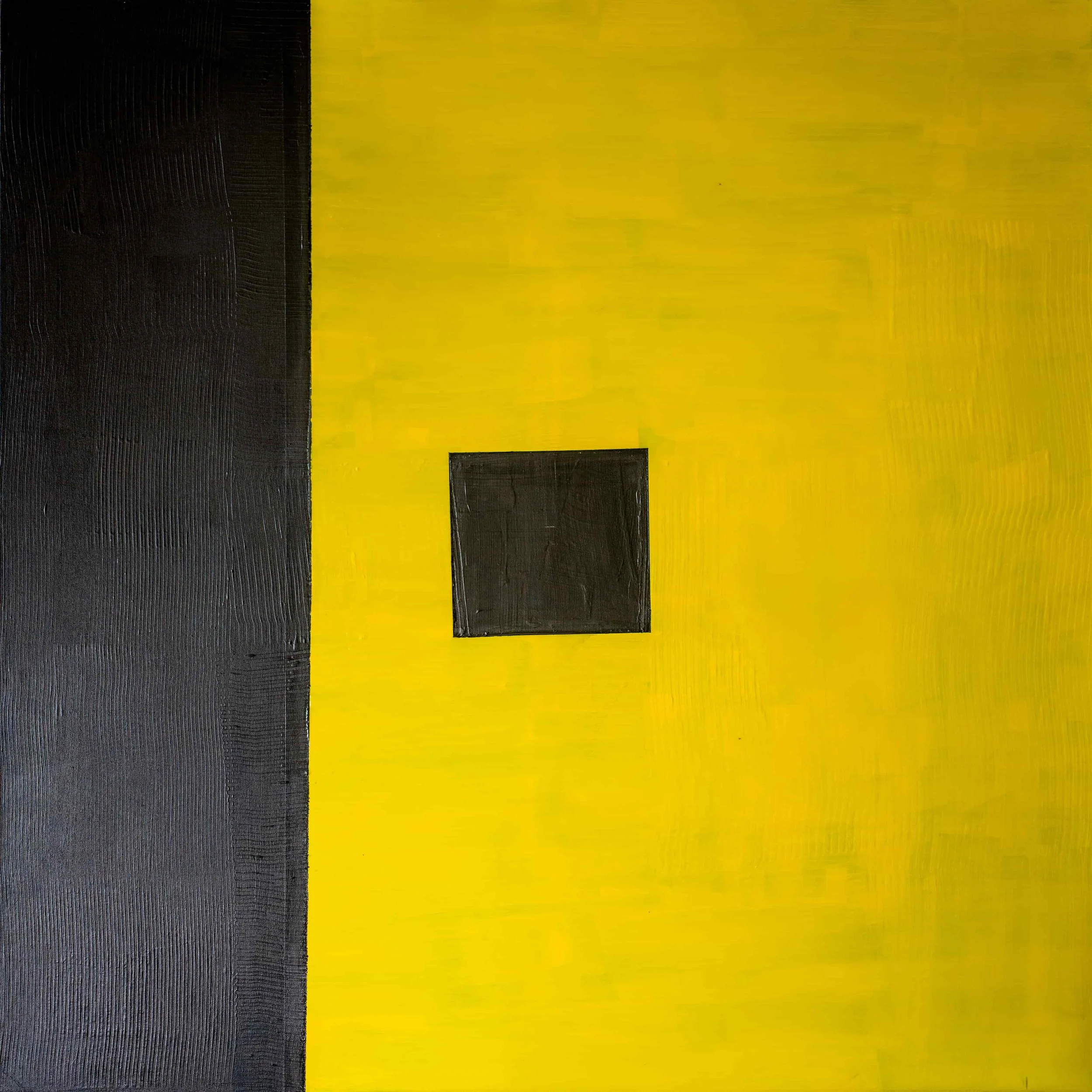 Ferrari Aperture abstract painting by Ritu Raj, 6x6 ft composition with luminous yellow field, black vertical band and central black square