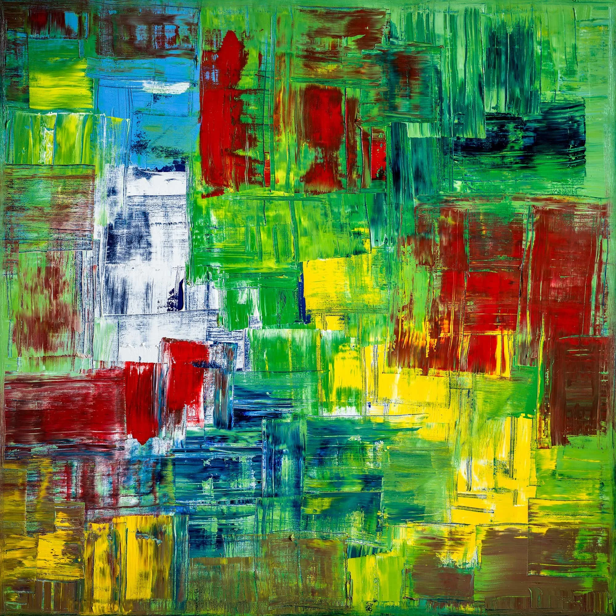 Primary Cacophony by Ritu Raj — abstract acrylic painting, 48x48 inches, featuring layered fields of green, red, yellow, and blue in dynamic chromatic tension. Part of the Abstract Inquiry Collection. Available at rituart.com.