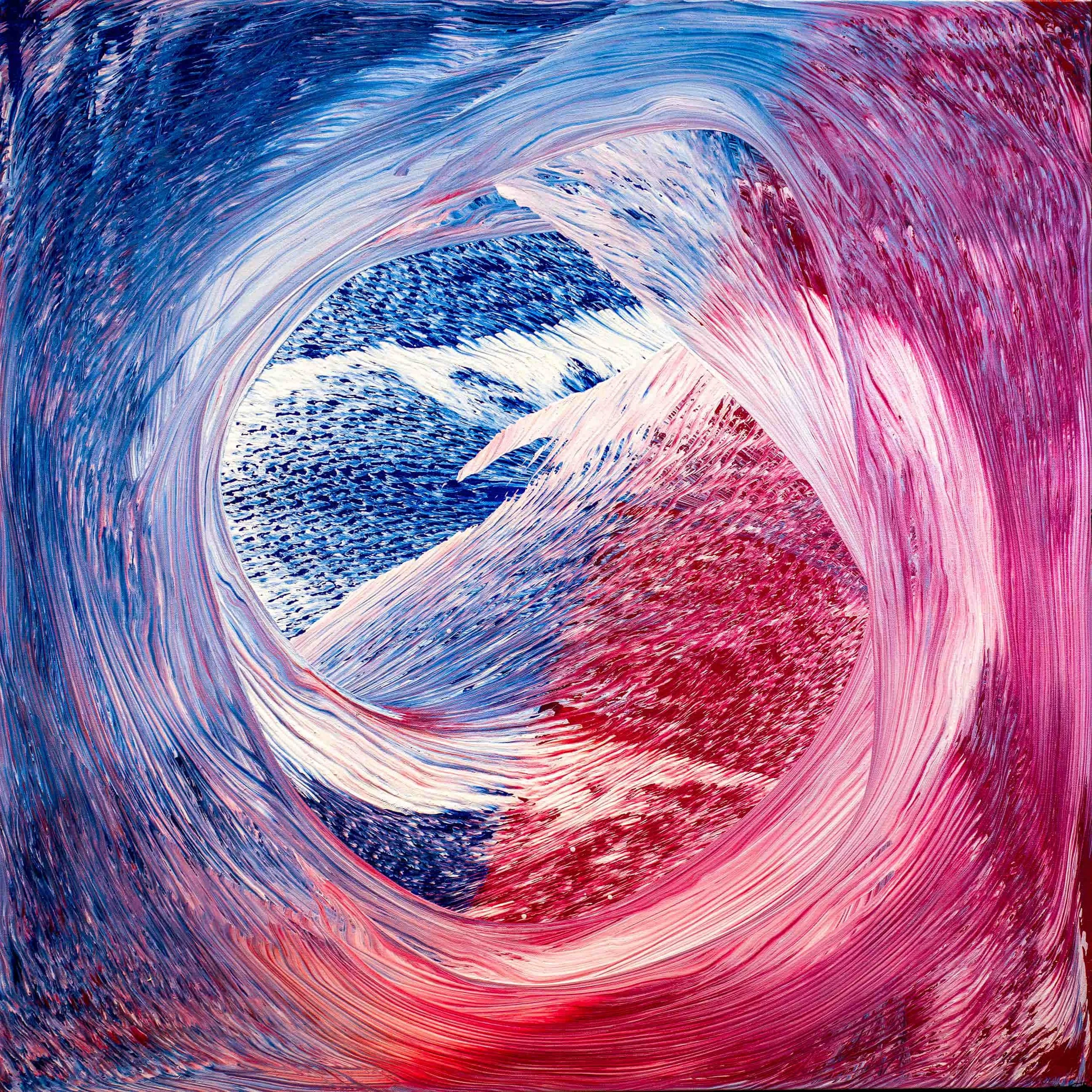 Abstract oil painting titled Self Remembering Itself featuring swirling blue, red, and white organic forms in circular motion on a 3x3 ft canvas.