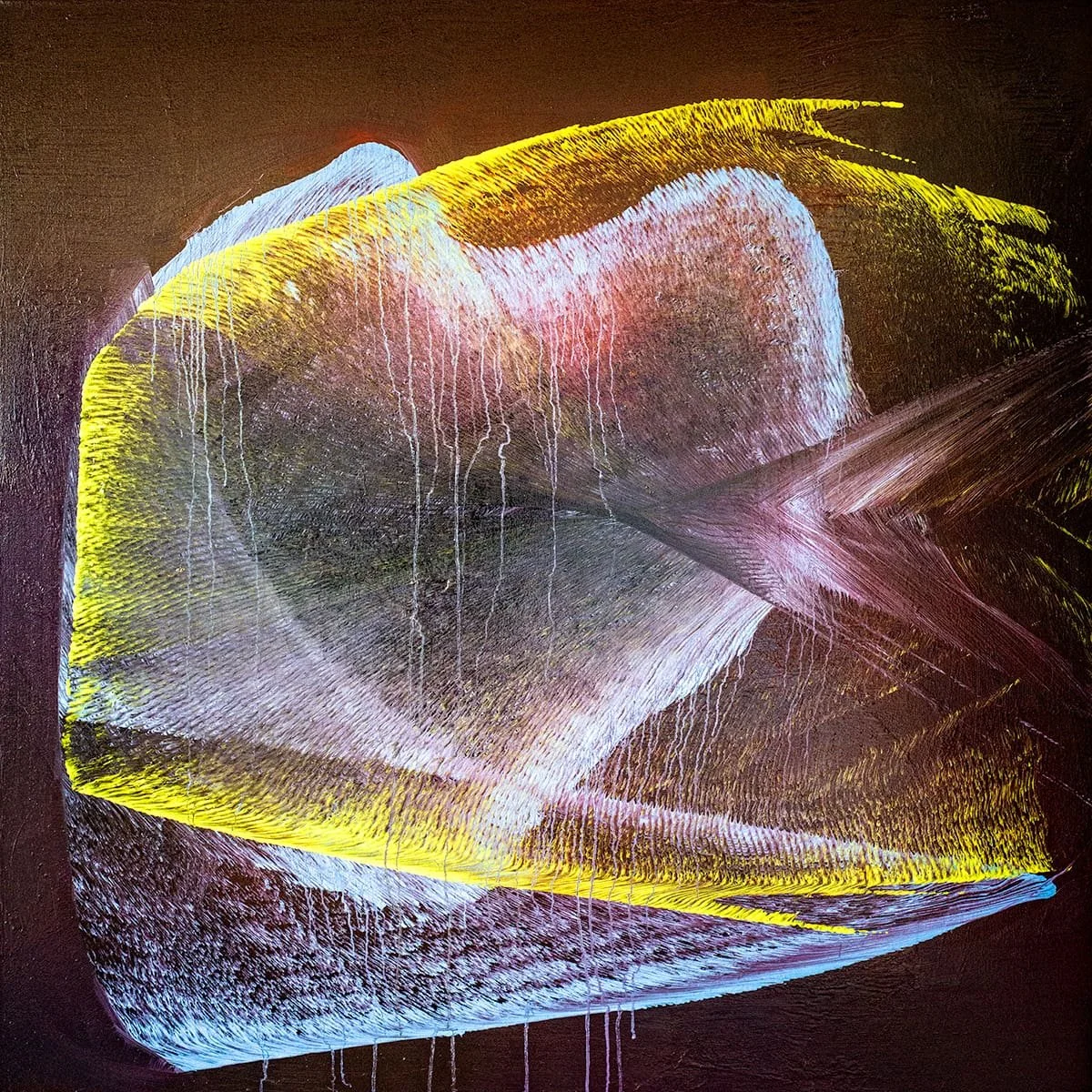Electric Bloom on Obsidian — abstract painting by Ritu Raj featuring a radiant organic form in electric yellow, bone white, and rose emerging from a near-black ground, Organic Movement thread-work interrupted by sharp geometric vectors