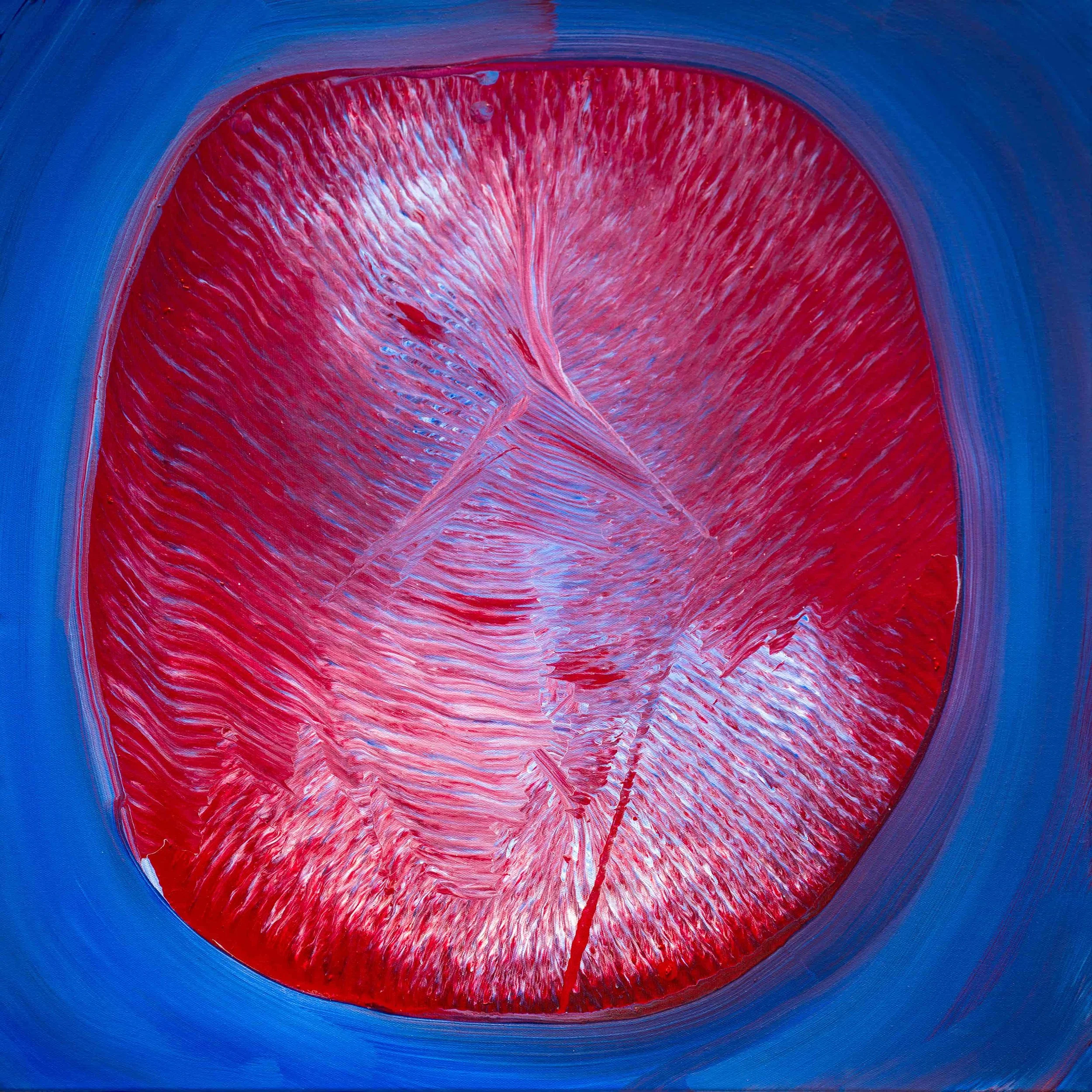 Abstract painting titled Wound That Thinks featuring organic red textures against a blue field exploring movement and consciousness