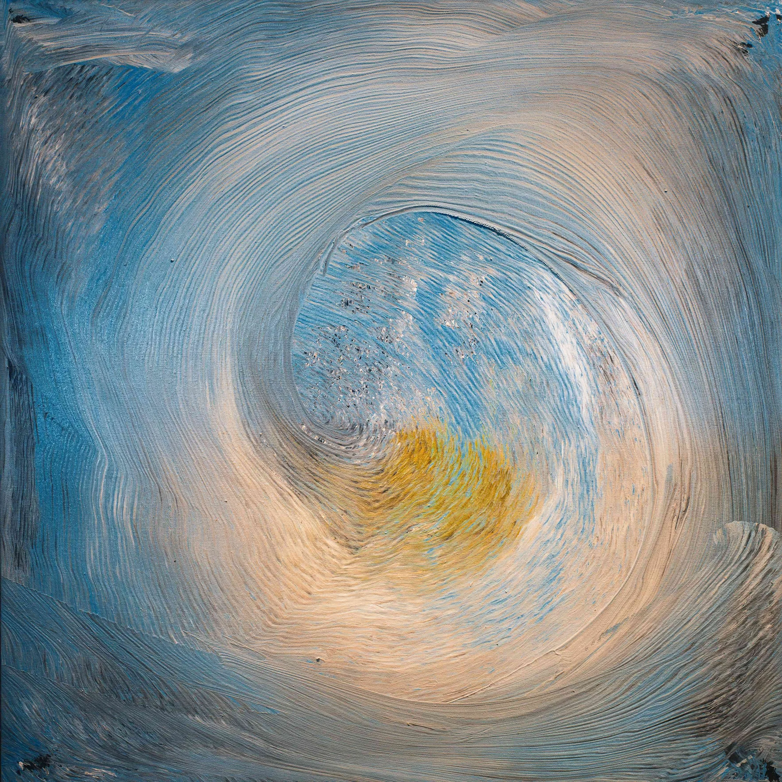 Abstract painting Sense of Reality featuring circular organic brushstrokes in blue and yellow exploring perception and movement