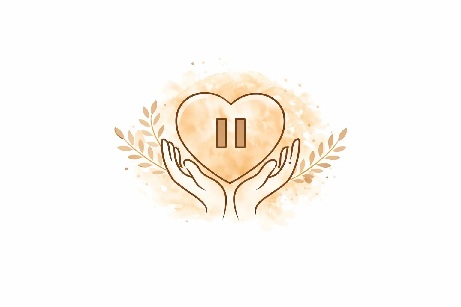 Illustration of two hands holding a heart with a pause symbol inside, surrounded by laurel branches and a soft beige watercolor background.