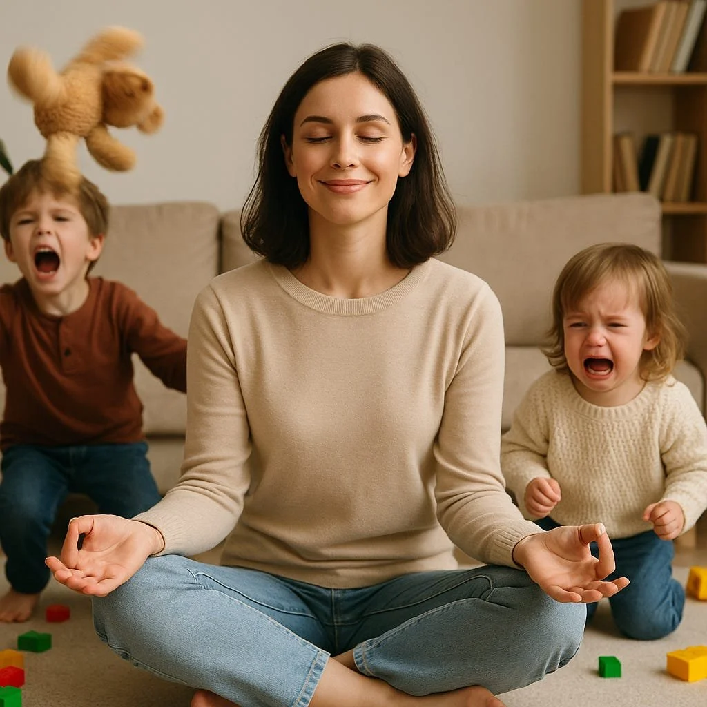 A woman practicing meditation in a cross-legged position on a beige carpet, with two crying children on either side of her, in a living room setting.